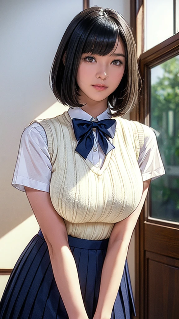 (masterpiece:1.2, Highest quality), (Realistic, photoRealistic:1.4), (Large Breasts:1.5), Beautiful illustrations, (Natural Side Lighting, Cinema Lighting), Written boundary depth, Looking at the audience, (Face Focus, Upper Body), Front view, 1 girl, Japanese, high school girl, 15 years old, Perfect Face, Symmetrical cute face, Glowing Skin, (Bob Hair:1.7,Black Hair), Asymmetrical bangs, Big eyes, Droopy eyes, long eyelashes chest), thin, Beautiful Hair, Beautiful Face, Beautiful and beautiful eyes, Beautiful clavicle, Beautiful body, Beautiful breasts, Beautiful thighs, Beautiful legs, Beautiful fingers, ((Quality fabric texture, brown knit vest, Short sleeve white collar shirt, Navy Pleated Skirt, Navy bow tie)), (Beautiful views), evening, (Inside the flower shop), Are standing, (smile, Superior, Open your mouth), (From below:1.5),(Poor visibility:1.5), (From below)
