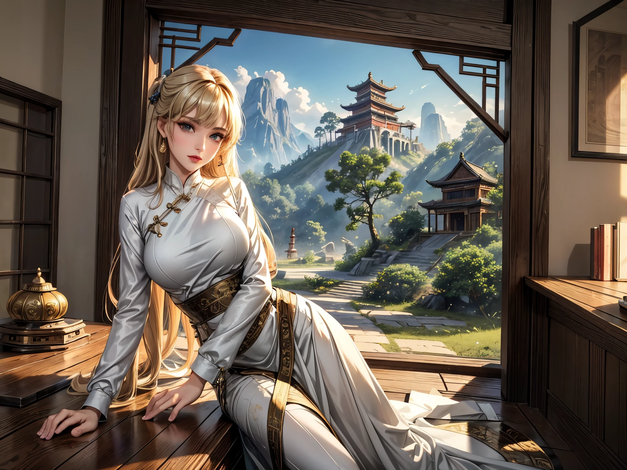(best quality, 8K, masterpiece:1.3), pretty Woman, 1 girl, beautiful face, (seductive face), Black streaked honey blonde hair, blunt bangs single sidelock, absurdly long curtained straight hair, white casual dress, Ultra-detailed face, Detailed lips, super detailed eyes, double eyelids, long upper eyelashes, Soft skin, HD skin, China, Ancient Chinese temple ruins, Ancient miracles, broken building, [jungle], [Mountain], 8k, Super detailed, best quality detail, retina, Ultra-high resolution, masterpiece, ccurate