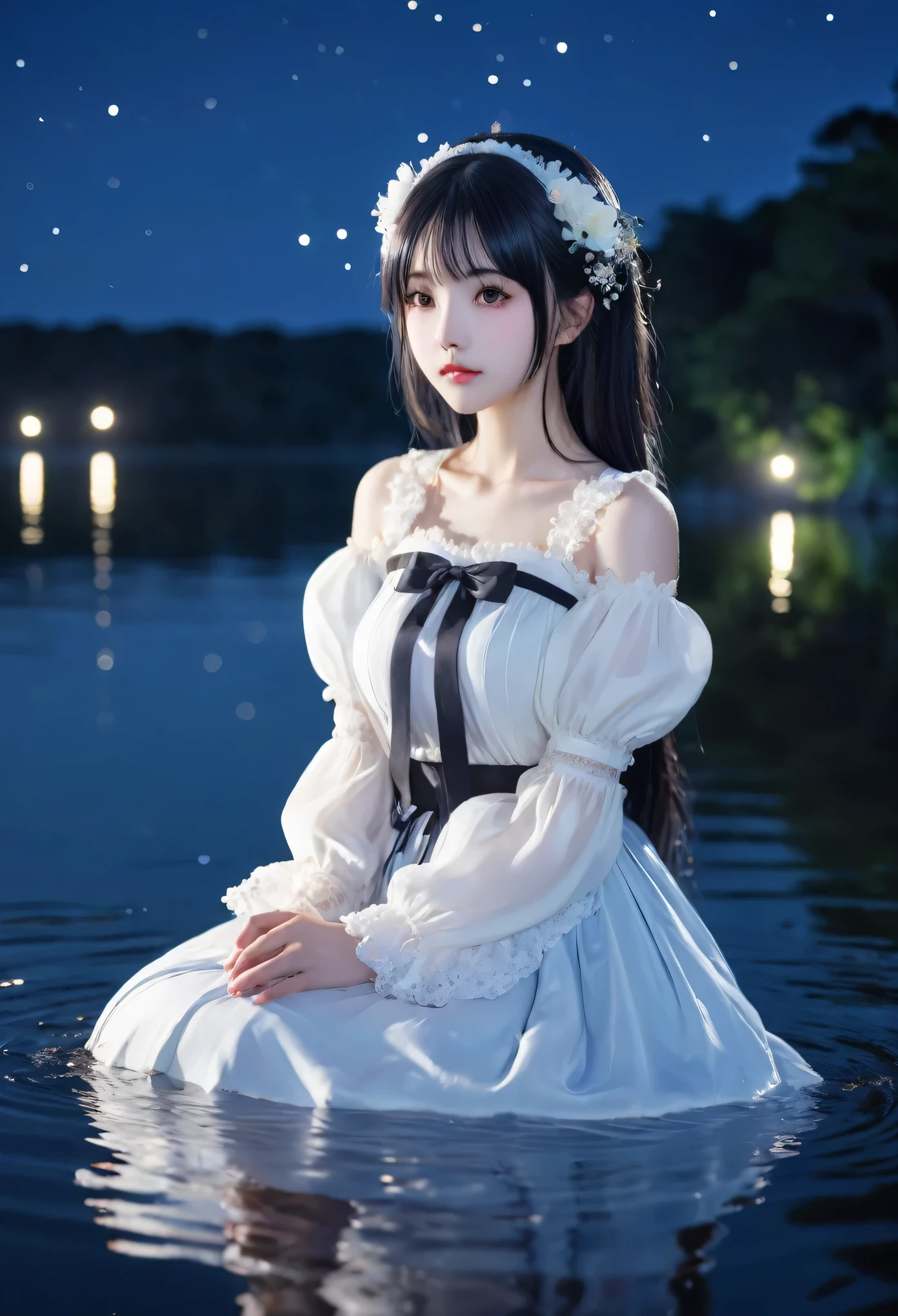Top of the line CG, highest image quality, masterpiece,8k image quality, exquisite and delicate beautiful girl, ,gokou ruri, ore no imouto ga konna ni kawaii wake ga nai, hair flower, gothic lolita,,besides a blue lake, night sky,stars,forest,Reflections in the water,,floating_clothes,