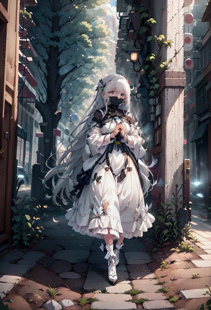 The background is a city, perfect white-haired girl,  in dress, white-haired, white-haired god, cute anime waifu in beautiful clothes, gray-haired, best anime 4k konachan wallpaper, little curve , guvez on Pixiv ArtStation, white-haired girl, nightcore, standing on a tree, looking up at the stars, face super detailed