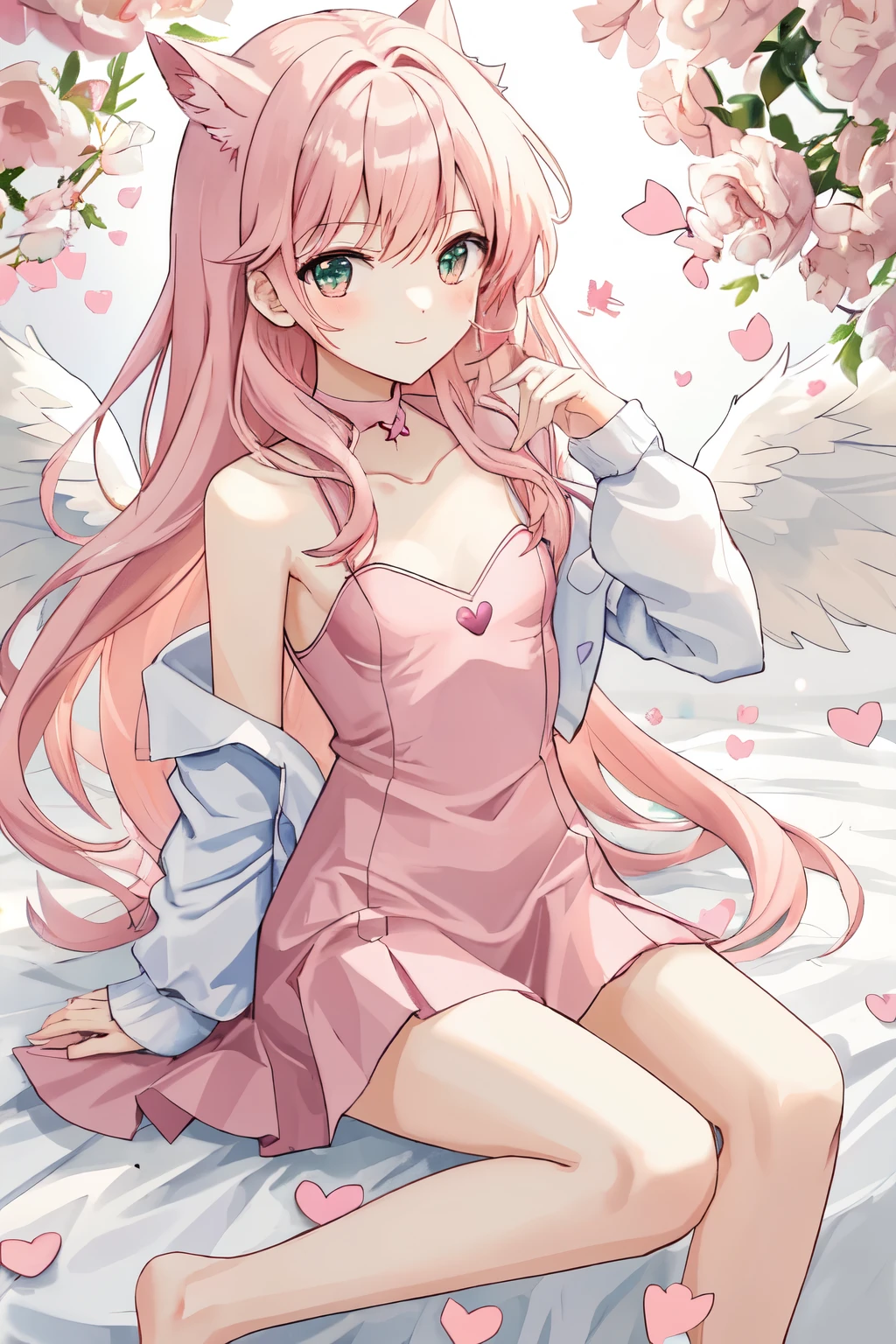 1_girl, (anime, kawai:2), (masterpeice, best_quality, clean:1.5), (sky_background:1.2), (cute, cute_smile, wholesome, young:1.8), (delicate, extremely_delicate, beautiful, thin:1.5), (girlfriend, angel:1.8), (green_eyes, simple_eyes:1.8) (long_hair, blond_hair:1.8), (combat:1.2), (wearing_pink_dress, pink_angel_wings:1.8), (combat:1.2), extremely_delicate, (love_magic:1.5), (age_size_fits_body), (small_thighs:1.3), (breasts), (eye_level:1.3), (heart_magic, love:1.8), (warm:1.8), (folded_legs:1.5)