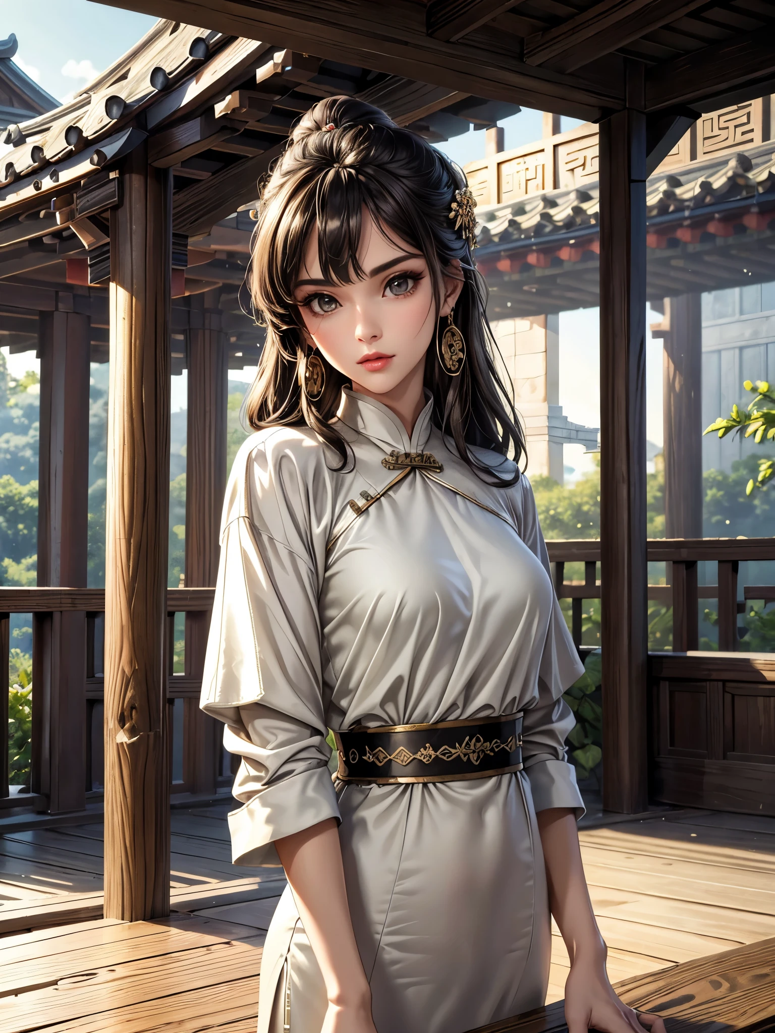 (best quality, 8K, masterpiece:1.3), pretty Woman, 1 girl, beautiful face, (seductive face), Black streaked honey blonde hair, blunt bangs single sidelock, absurdly long curtained straight hair, white casual dress, Ultra-detailed face, Detailed lips, super detailed eyes, double eyelids, long upper eyelashes, Soft skin, HD skin, China, Ancient Chinese temple ruins, Ancient miracles, broken building, [jungle], [Mountain], 8k, Super detailed, best quality detail, retina, Ultra-high resolution, masterpiece, ccurate