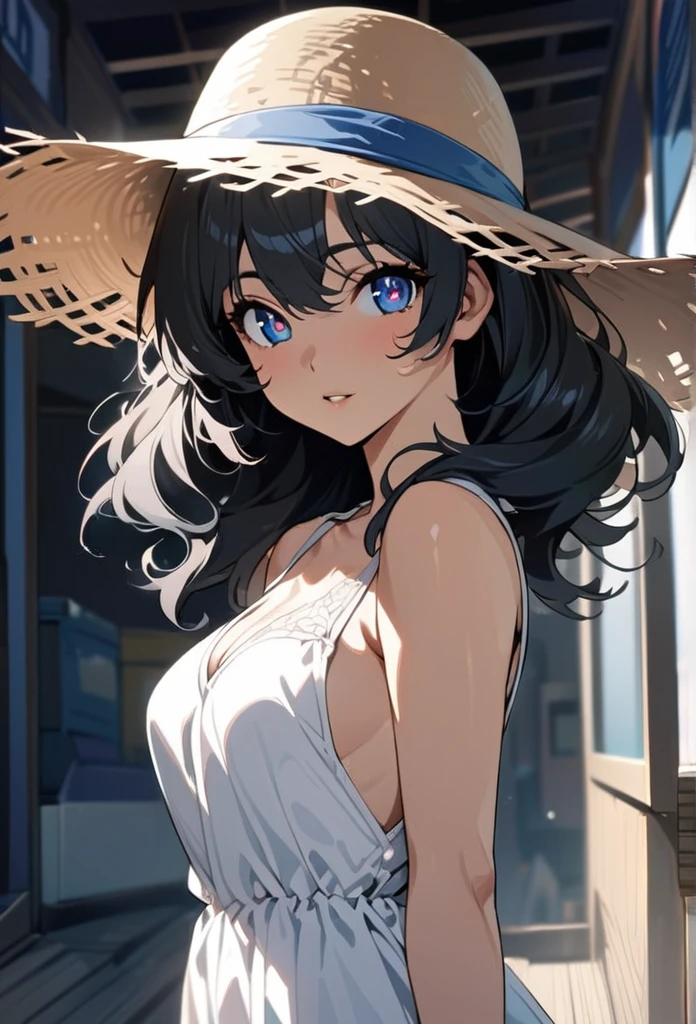Highest quality, masterpiece, girl, 80s hairstyle, White long dress, Straw hat, Black Hair, Japanese cityscape in the 1980s, Posing,Detailed skin texture, Detailed cloth texture, Detailed face, Detailed Hair, Super Detail, 8k, Intricate details, 1人のgirl, High resolution eyes, Mystical Eyes, Summer sunshine, 80s Japanese Anime,