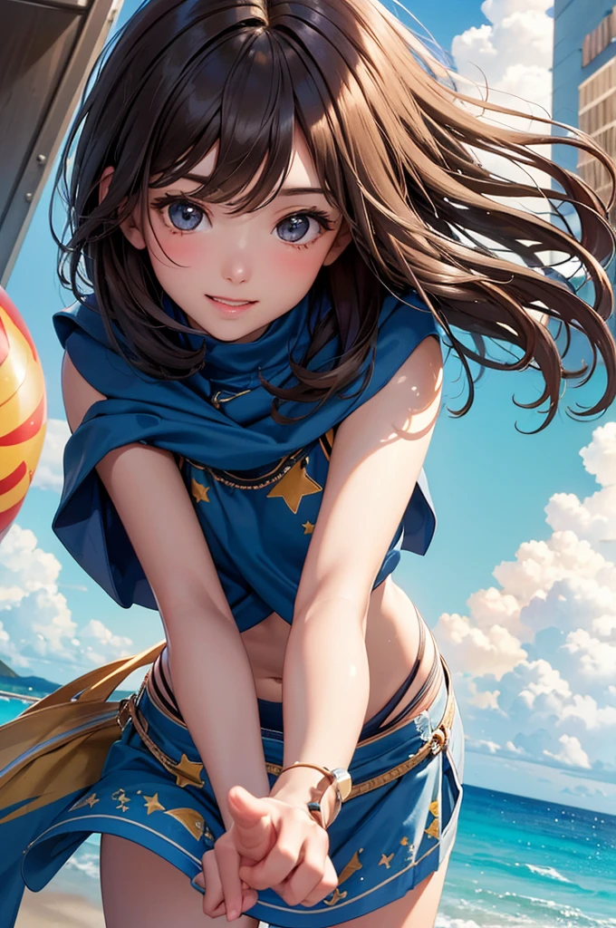 Best Quality,High resolution,8k,finelity detailed background,Masterpiece:1.2),beautiful girl,Shiny brown hair,messy hair,Brown eyes,Gentle look,A refreshing look,smile,Best quality,Best Quality,Aesthetic and aesthetic:1.2,Best details((Super detailed))(High-definition CG illustrations),o-ring bikinii,(Star pattern),Slender body,Ocean,beach,Daytime,Light of the sun,smile,blush,cute,Scrounge,Looking up,Being spoiled,super model,shoot from,below