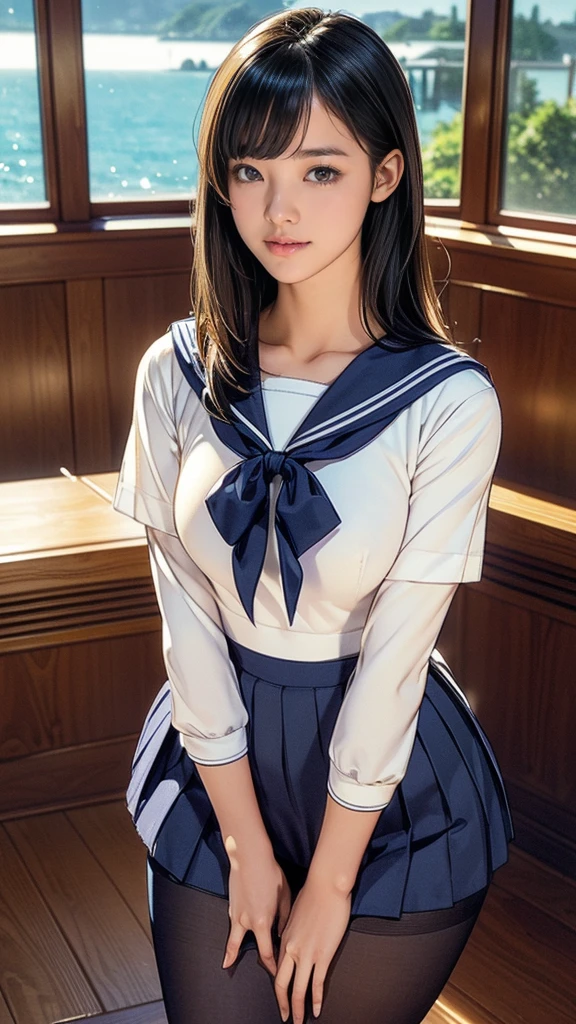 (masterpiece:1.2, Highest quality), (Realistic, photoRealistic:1.4), Beautiful illustrations, (Natural Side Lighting, Cinema Lighting), Beautiful thighs, Front view, 1 girl, high school girl, 13 years old, Perfect Face, Symmetrical cute face, Glowing Skin, ランダムなカラーのSailor suit、
(Short Bob、Black Hair), Big eyes, long eyelashes chest), thin, expensive、
Beautiful Hair, Beautiful Face, Beautiful and beautiful eyes, Beautiful clavicle, Beautiful body, Beautiful breasts, Beautiful thighs, Beautiful legs, Beautiful fingers,
((High quality fabric, Sailor suit, Navy Pleated Skirt)),
(Beautiful views),Are standing, (smile, Excellent, Open your mouth), (((Skirt Lift, Panties and pantyhose are visible)))