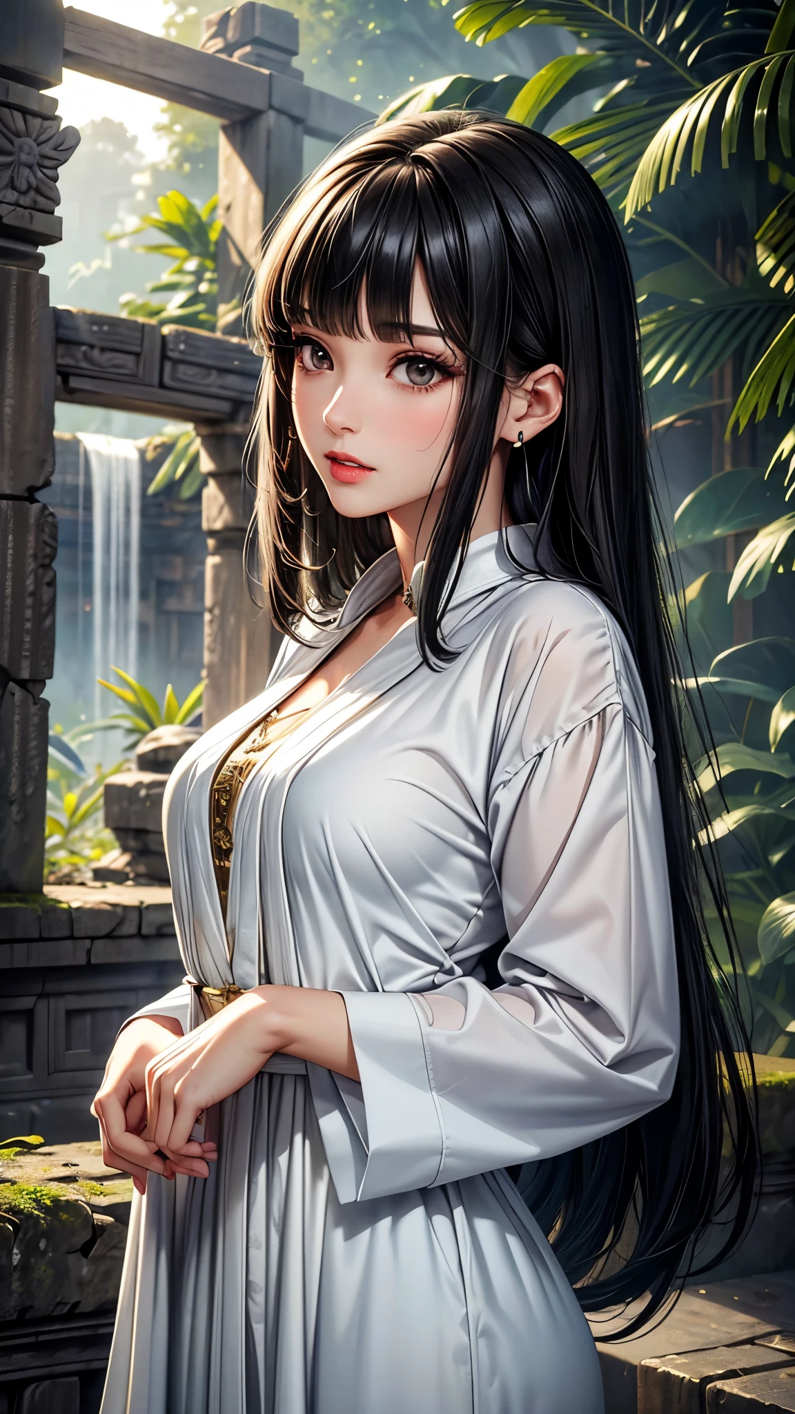 (best quality, 8k, masterpiece:1.3), pretty Woman, 1 girl, pretty face, (Seductive face), black hair, Blunt bangs single side lock, Ridiculously long straight hair, white casual dress, Super detailed的臉部, Detailed lips, super detailed eyes, double eyelids, long upper eyelashes, soft skin, HD Skin, Asia, Ancient temple ruins in East Asia, miracle, [dilapidated building], jungle, 8k, Super detailed, best quality detail, retina, Ultra-high resolution, masterpiece, accurate