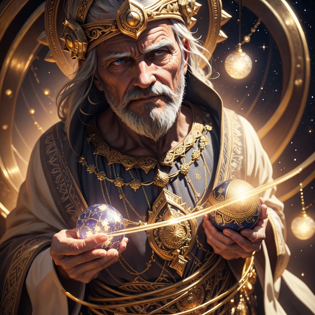 A wise old man in the starry night sky, detailed face, long white beard, robed, holding a glowing crystal orb, serene expression, intricate mandala patterns, golden accents, (best quality,4k,8k,highres,masterpiece:1.2),ultra-detailed,(realistic,photorealistic,photo-realistic:1.37),detailed lighting,dramatic shadows,vibrant colors,mystical,spiritual,awe-inspiring,intricate details,cinematic composition