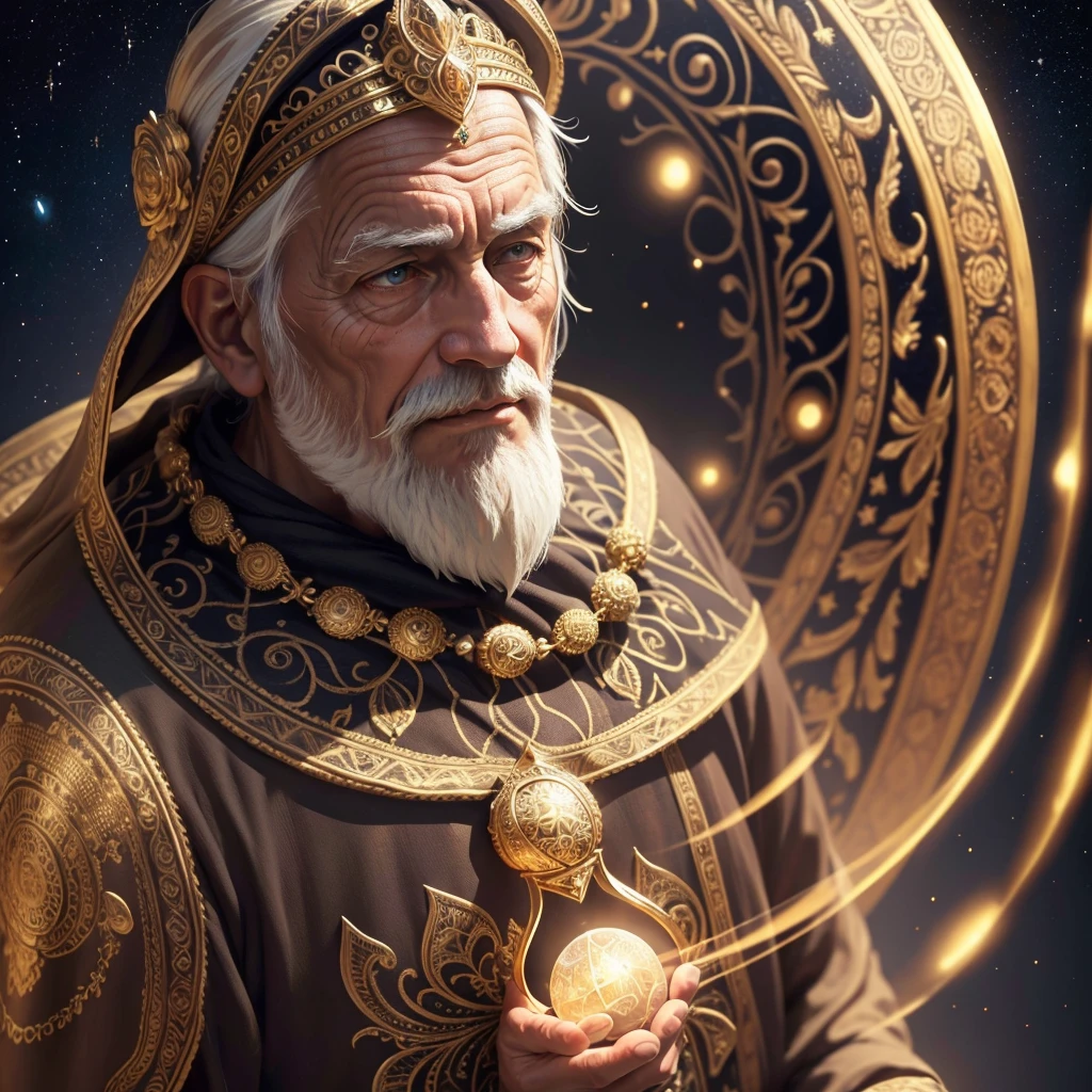 A wise old man in the starry night sky, detailed face, long white beard, robed, holding a glowing crystal orb, serene expression, intricate mandala patterns, golden accents, (best quality,4k,8k,highres,masterpiece:1.2),ultra-detailed,(realistic,photorealistic,photo-realistic:1.37),detailed lighting,dramatic shadows,vibrant colors,mystical,spiritual,awe-inspiring,intricate details,cinematic composition
