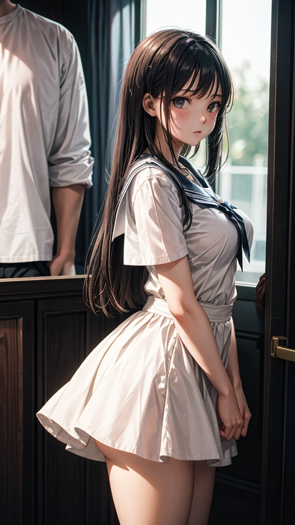 A couple at school, a girl wearing a short dress, big hips, it's morning. Moody color, sharpness, golden sunlight