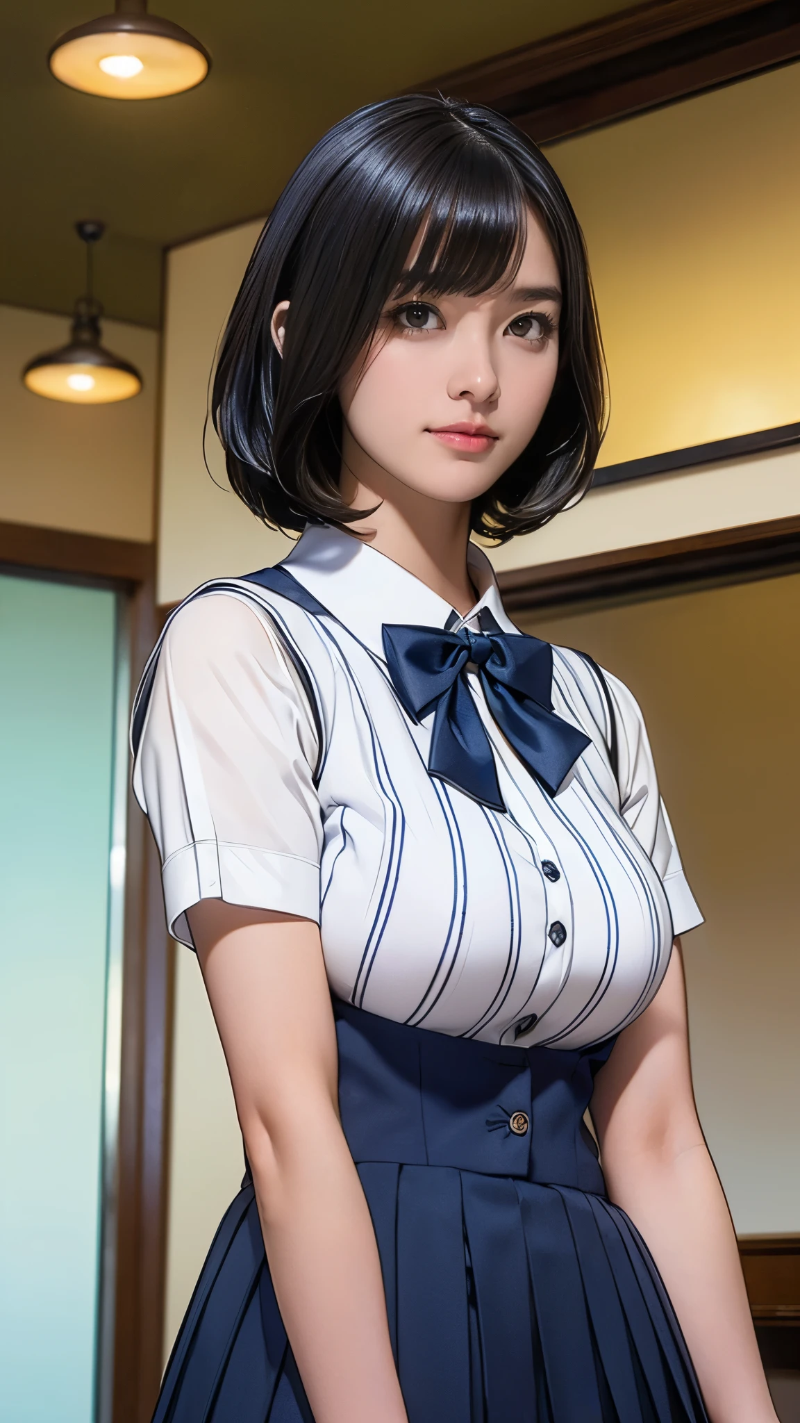 (masterpiece:1.2, Highest quality), (Realistic, photoRealistic:1.4), (Large Breasts:1.5), Beautiful illustrations, (Natural Side Lighting, Cinema Lighting), Written boundary depth, Looking at the audience, (Face Focus, Upper Body), Front view, 1 girl, Japanese, high school girl, 15 years old, Perfect Face, Symmetrical cute face, Glowing Skin, (Bob Hair:1.7,Black Hair), Asymmetrical bangs, Big eyes, Droopy eyes, long eyelashes chest), thin, Beautiful Hair, Beautiful Face, Beautiful and beautiful eyes, Beautiful clavicle, Beautiful body, Beautiful breasts, Beautiful thighs, Beautiful legs, Beautiful fingers, ((Quality fabric texture, brown knit vest, Short sleeve white collar shirt, Navy Pleated Skirt, Navy bow tie)), (Beautiful views), evening, (Inside the flower shop), Are standing, (smile, Superior, Open your mouth), (From below:1.5),(Poor visibility:1.5), (From below)