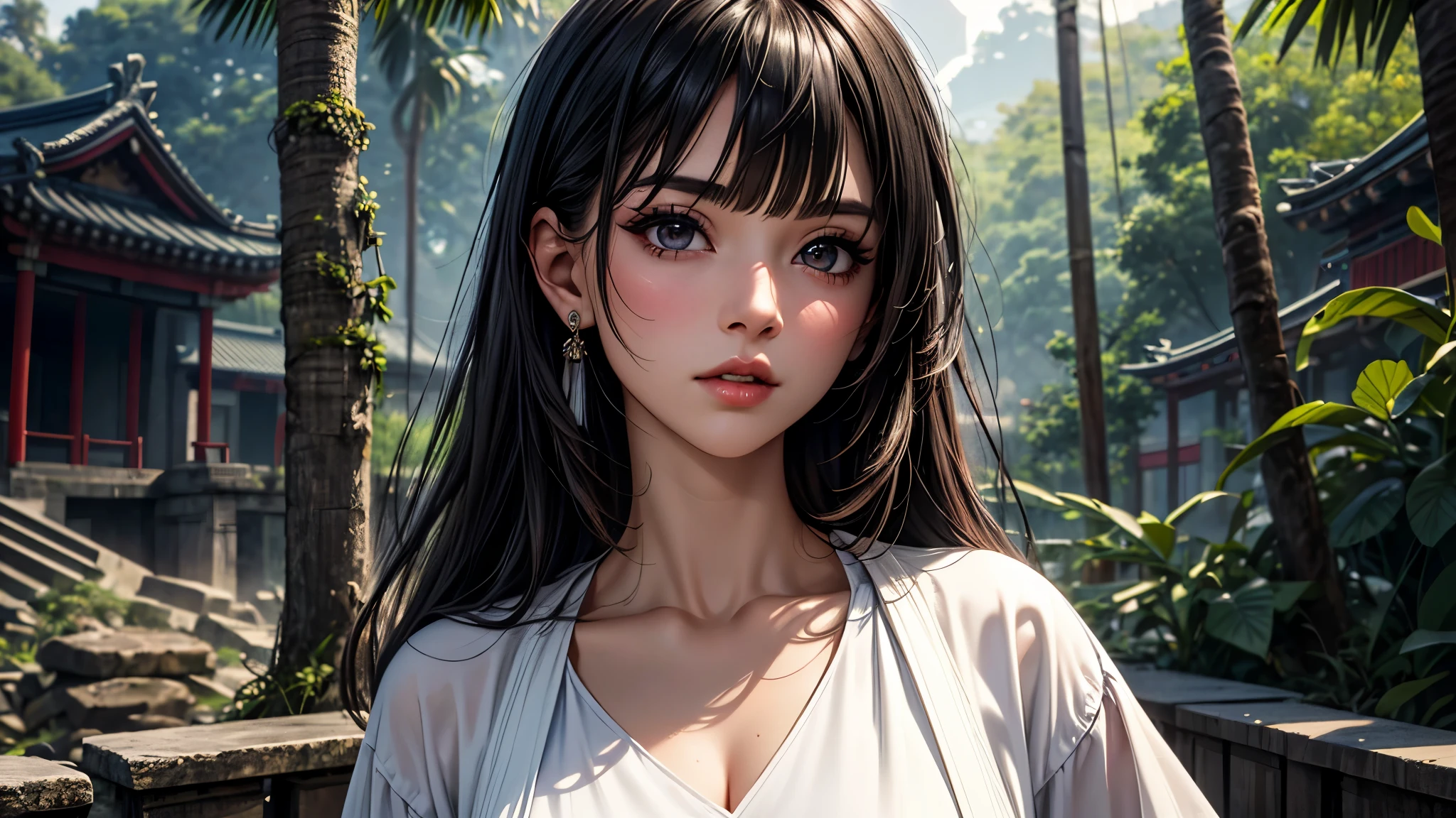 (best quality, 8K, masterpiece:1.3), pretty Woman, 1 girl, beautiful face, (seductive face), Black hair, blunt bangs single sidelock, absurdly long curtained straight hair, white casual dress, Ultra-detailed face, Detailed lips, super detailed eyes, double eyelids, long upper eyelashes, Soft skin, HD skin, Asia, Ancient temple ruins in East Asia, Ancient miracles, [broken building], jungle, 8k, Super detailed, best quality detail, retina, Ultra-high resolution, masterpiece, ccurate