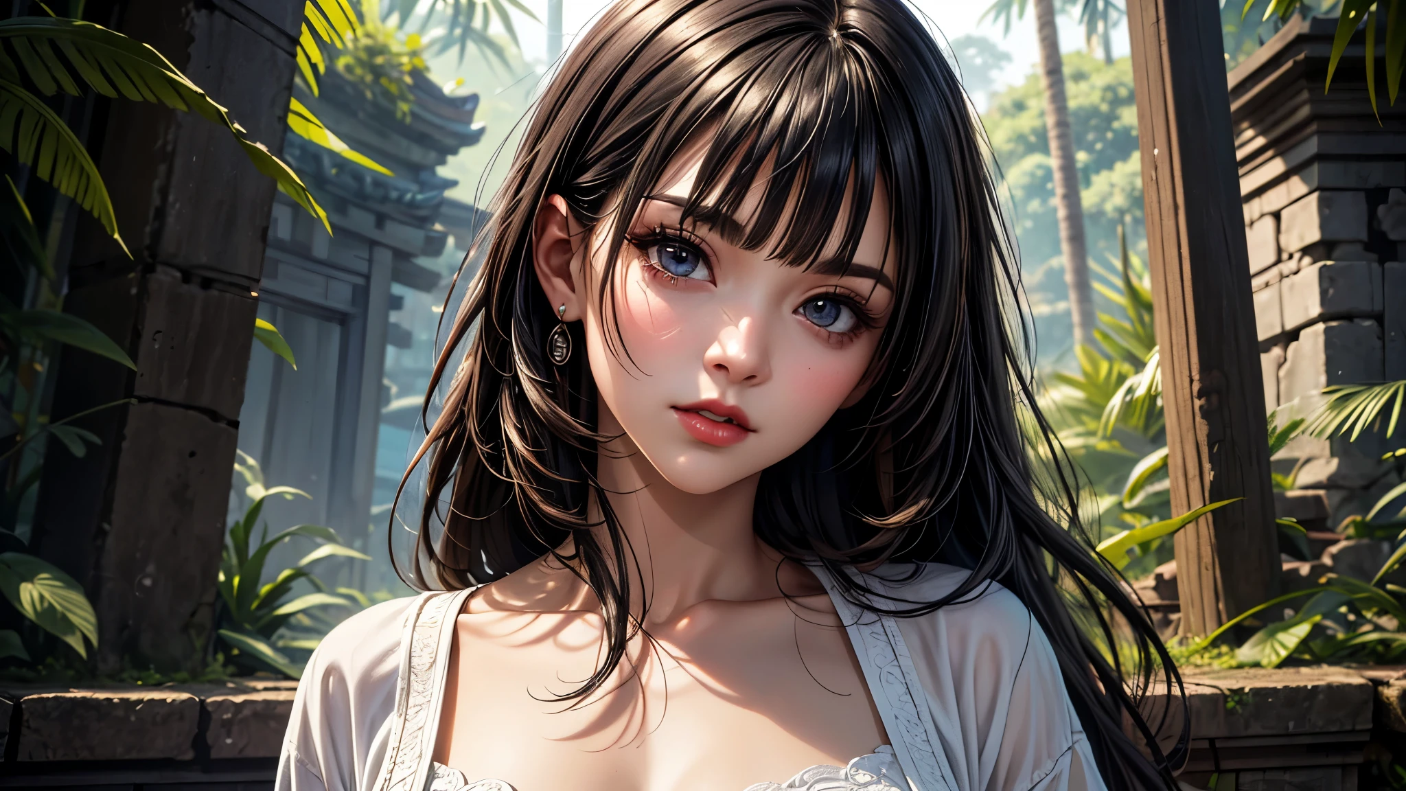 (best quality, 8K, masterpiece:1.3), pretty Woman, 1 girl, beautiful face, (seductive face), Black hair, blunt bangs single sidelock, absurdly long curtained straight hair, white casual dress, Ultra-detailed face, Detailed lips, super detailed eyes, double eyelids, long upper eyelashes, Soft skin, HD skin, Asia, Ancient temple ruins in East Asia, Ancient miracles, [broken building], jungle, 8k, Super detailed, best quality detail, retina, Ultra-high resolution, masterpiece, ccurate