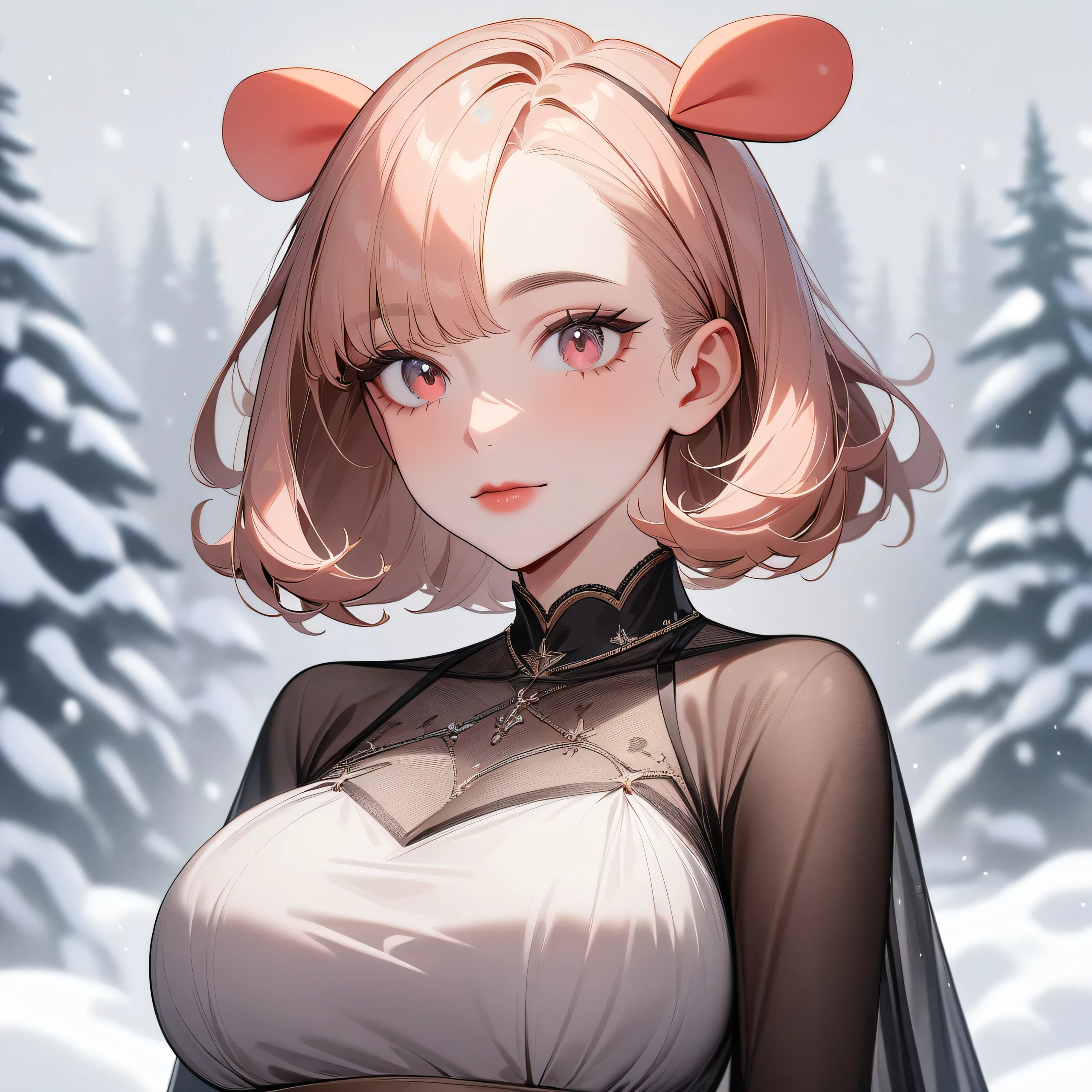 (1Girl, ((no Alf, no Alf ears, no animal ears, no ears on head)), (full-body, frontside), masterpiece, high quality, highly detailed, 8k,), (Fuller breasts, breasts-type: Full, Larger breasts with a more rounded and filled-out appearance), (wearing Embellished tulle dress with long sleeves), (winter theme, winter background), Eyes: Almond-shaped, dark brown
, Nose: Small and slightly upturned
, Lips: Full, rosy pink
, Hair: Long, curly, dark brown
, Skin Tone: Olive with a warm undertone
, Eyebrows: Thick and arched
, Cheekbones: High and defined
, Chin: Rounded
, Ears: Medium-sized and slightly visible
, Expression: Confident and poised
