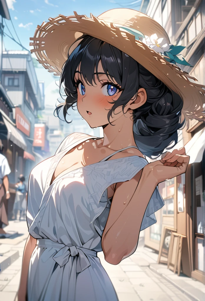 Highest quality, masterpiece, girl, 80s hairstyle, White long dress, Straw hat, Black Hair, Japanese cityscape in the 1980s, Posing,Detailed skin texture, Detailed cloth texture, Detailed face, Detailed Hair, Super Detail, 8k, Intricate details, 1人のgirl, High resolution eyes, Mystical Eyes, Summer sunshine, 80s Japanese Anime,