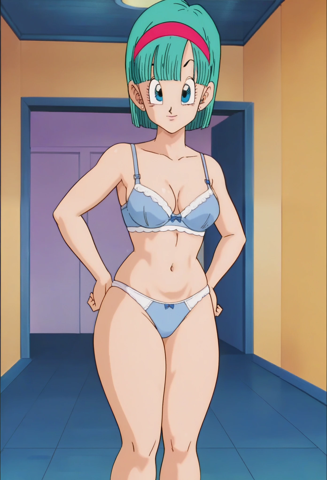 source_anime, score_9, score_8_up, score_7_up, anime screencap,8k, absurd res, 
bulma, 1girl, solo, long hair, hat, ponytail, sexy lingerie, blue bra, blue panty, from behind, lingerie, sexy tights, transparent tights, aqua hair, looking back, mouth marking, blue eyes, 
 