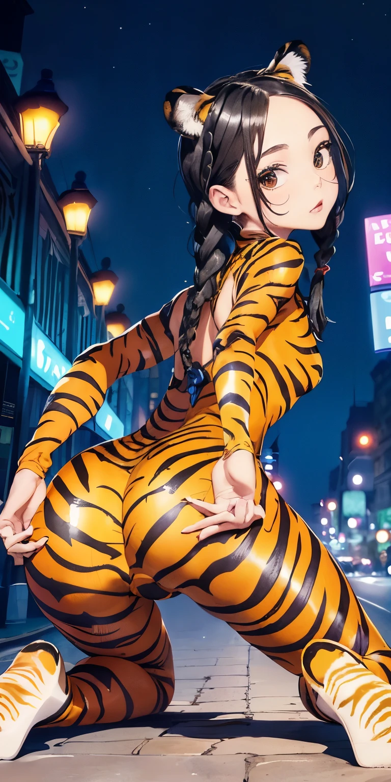 Hip Up Zoom(( girl with braided black hair))Realistically、(Keep your head low、Get on all fours with your butt sticking out、)Emphasize the tail、Open and sexy look、Accentuate your cleavage、(((Wearing a tiger print bodysuit)))、Various sexy poses、background (Arc de Triomphe at night)