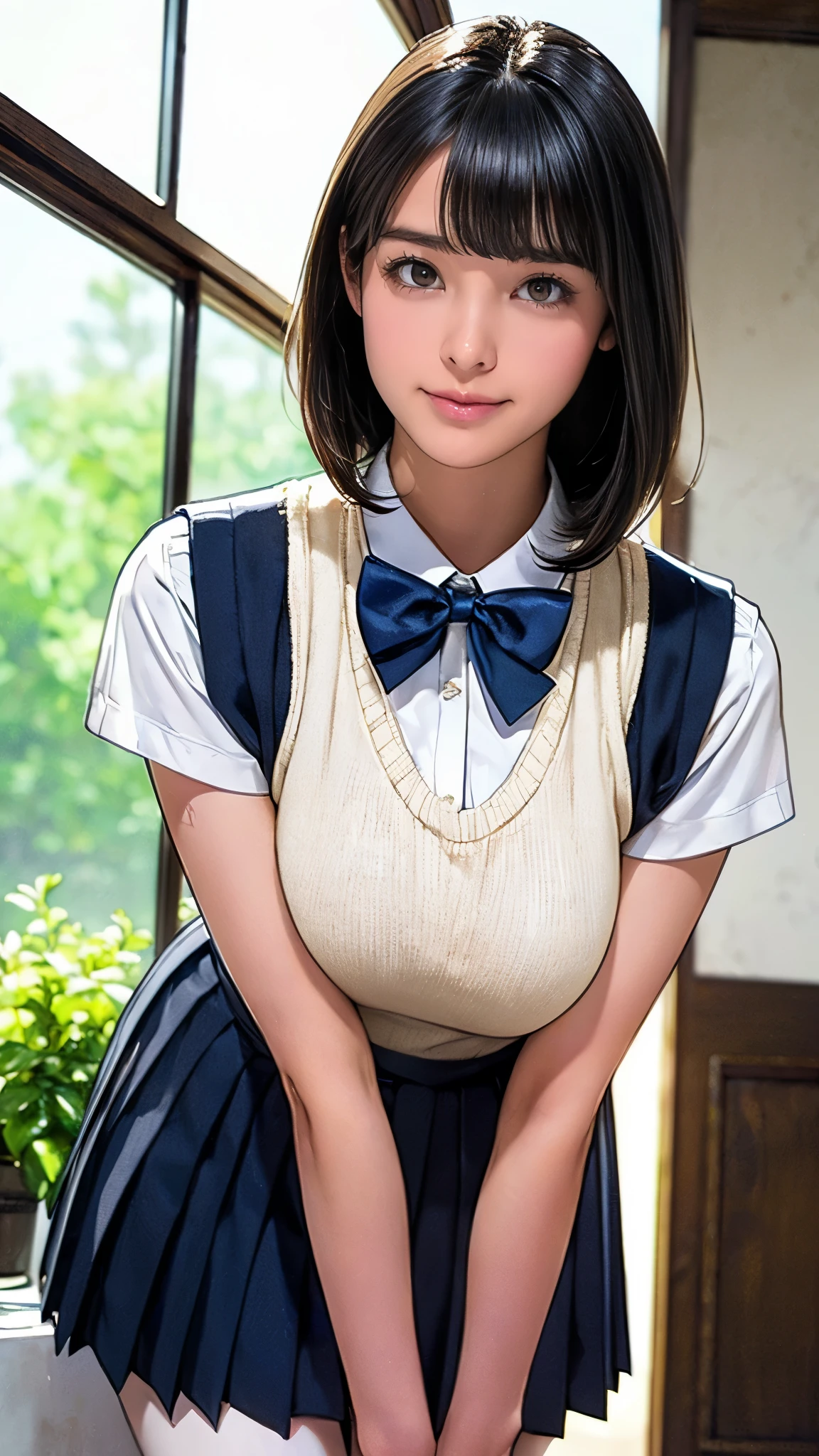(masterpiece:1.2, Highest quality), (Realistic, photoRealistic:1.4), (Large Breasts:1.5), Beautiful illustrations, (Natural Side Lighting, Cinema Lighting), Written boundary depth, Looking at the audience, (Face Focus, Upper Body), Front view, 1 girl, Japanese, high school girl, 15 years old, Perfect Face, Symmetrical cute face, Glowing Skin, (Bob Hair:1.7,Black Hair), Asymmetrical bangs, Big eyes, Droopy eyes, long eyelashes chest), thin, Beautiful Hair, Beautiful Face, Beautiful and beautiful eyes, Beautiful clavicle, Beautiful body, Beautiful breasts, Beautiful thighs, Beautiful legs, Beautiful fingers, ((Quality fabric texture, brown knit vest, Short sleeve white collar shirt, Navy Pleated Skirt, Navy bow tie)), (Beautiful views), evening, (Inside the flower shop), Are standing, (smile, Superior, Open your mouth), (From below:1.5),(Poor visibility:1.5), (From below)