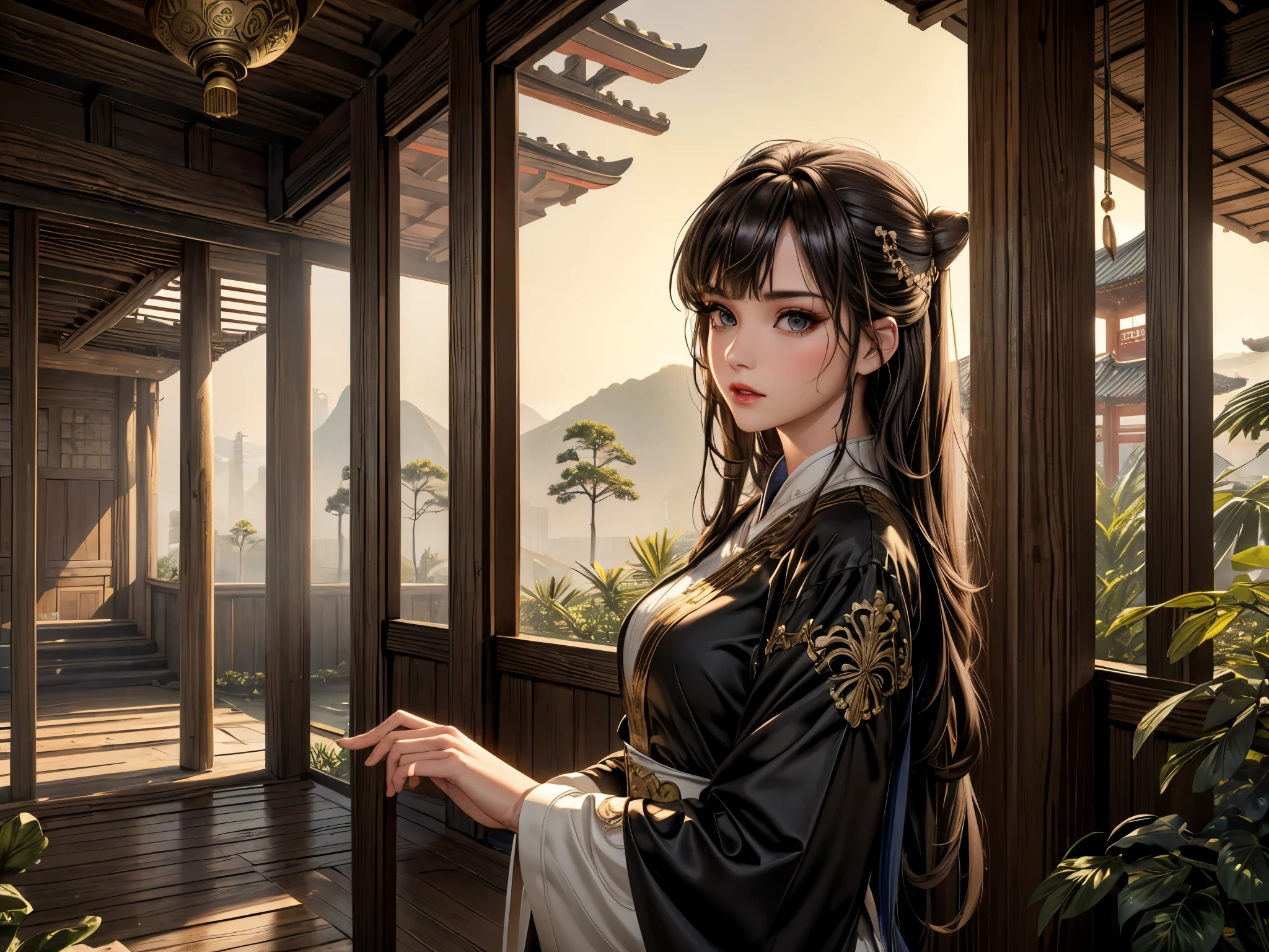 (best quality, 8K, masterpiece:1.3), pretty Woman, 1 girl, beautiful face, (seductive face), Black streaked honey blonde hair, blunt bangs single sidelock, absurdly long curtained straight hair, white casual dress, Ultra-detailed face, Detailed lips, super detailed eyes, double eyelids, long upper eyelashes, Soft skin, HD skin, China, Ancient Chinese temple ruins, Ancient miracles, broken building, [jungle], [Mountain], 8k, Super detailed, best quality detail, retina, Ultra-high resolution, masterpiece, ccurate