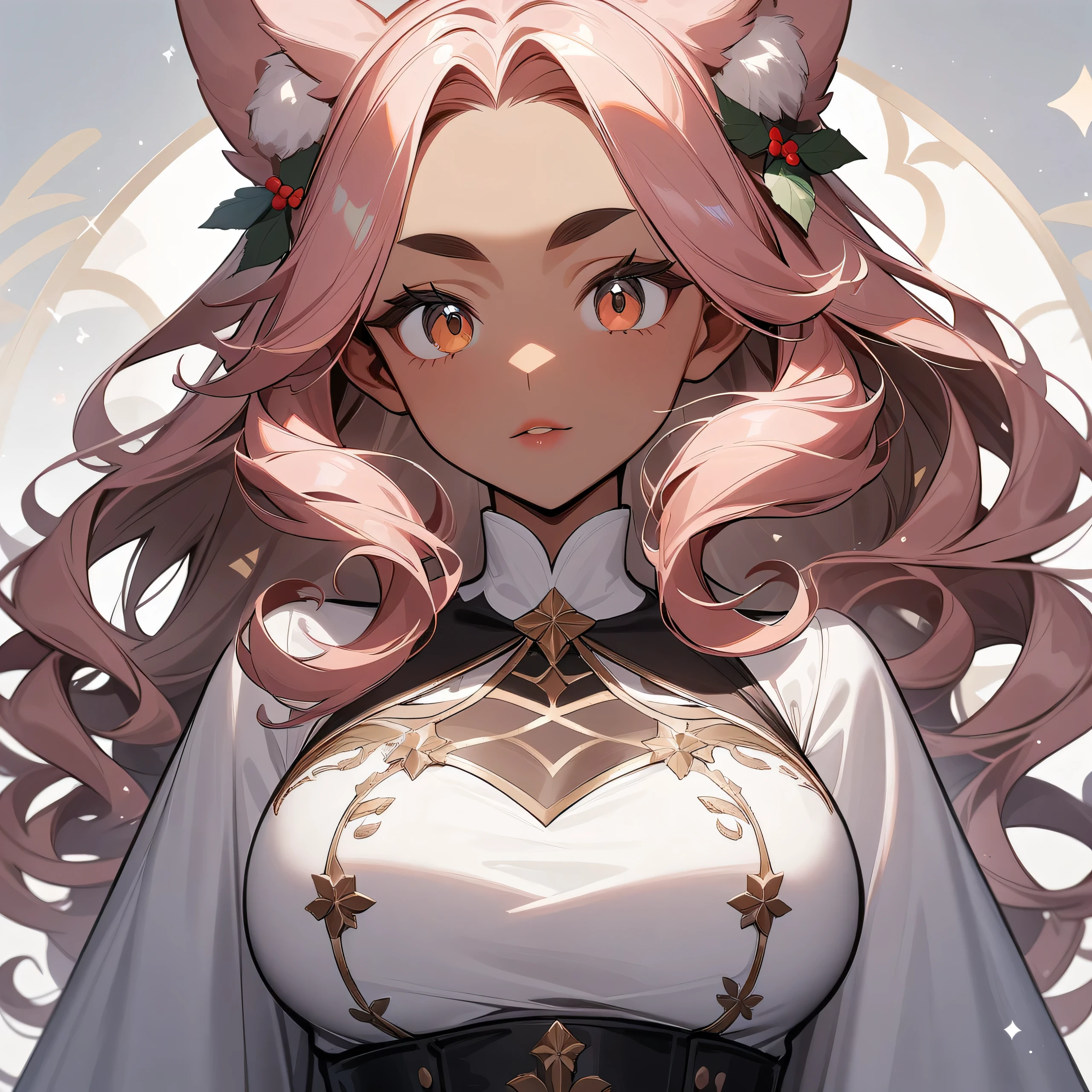 (1Girl, masterpiece, high quality, highly detailed, 8k,), (Fuller breasts, breasts-type: Full, Larger breasts with a more rounded and filled-out appearance), (wearing Embellished tulle dress with long sleeves), (winter theme, winter background), - **Eyes**: Almond-shaped, dark brown
- **Nose**: Small and slightly upturned
- **Lips**: Full, rosy pink
- **Hair**: Long, curly, dark brown
- **Skin Tone**: Olive with a warm undertone
- **Eyebrows**: Thick and arched
- **Cheekbones**: High and defined
- **Chin**: Rounded
- **Ears**: Medium-sized and slightly visible
- **Expression**: Confident and poised