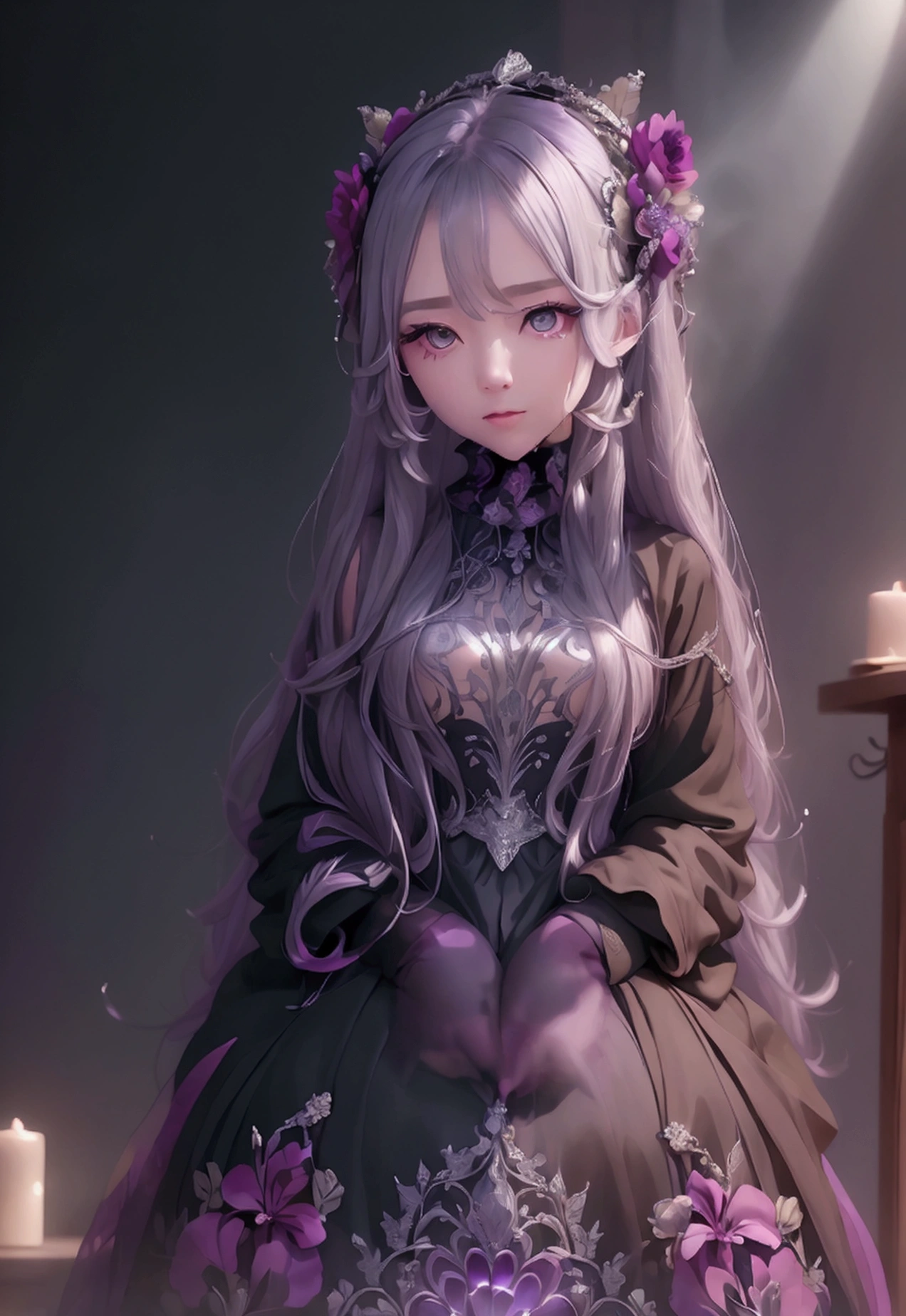masterpiece, best quality, 1girl, elaina_(majo_no_tabitabi), silver hair, purple eyes, long hair, intricate details, elegant dress, magical atmosphere, fantasy landscape, warm lighting, depth of field, vibrant colors, dramatic composition