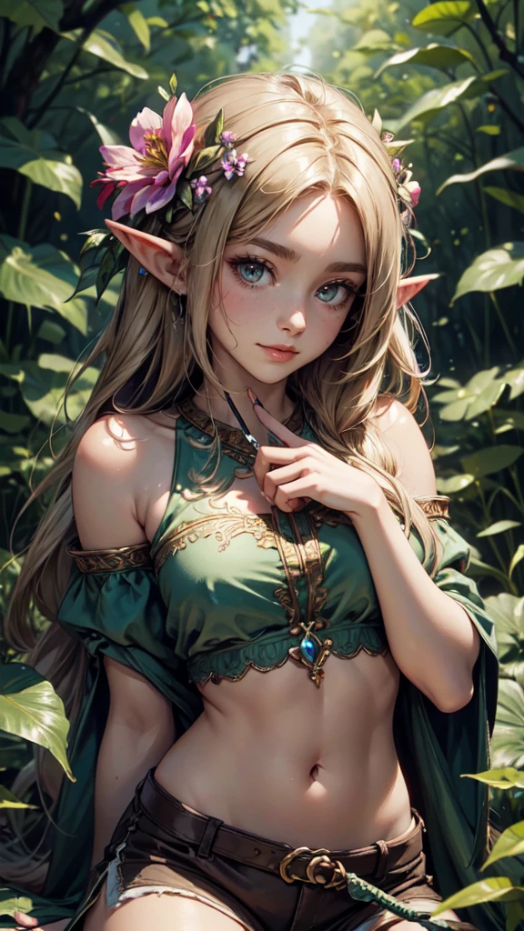 masterpiece,(best quality,topquality,8k),professional ligth,waterpaint,detailed face and eyes,neeko , hair ornaments , hair flower , brown shorts , crop top , lizard tail , facial marks , medium ,detailed body,(looking at viewer , softly smiling) , 8k ,((puffy eyes)), ,good contrast , high sharpness,(gorgeous),realistic,RAW Photography,(hyperdetailed:1.2),boreal forest,ull body,detailed eyes, detailed hands, detailed eyes, elf woman, flowers