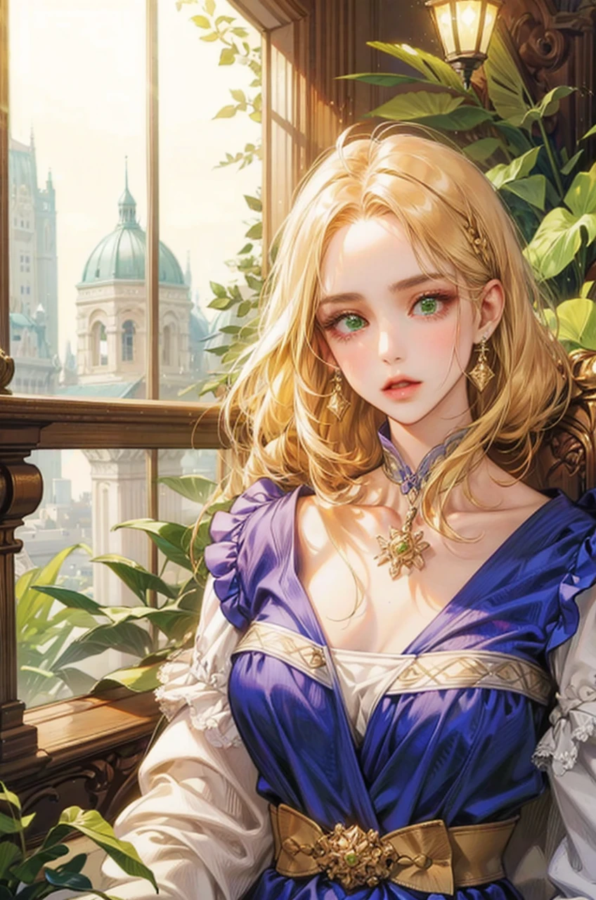 Noble woman, Caucasian skin, long face, greeneyes, honey colored hair, With closed clothes