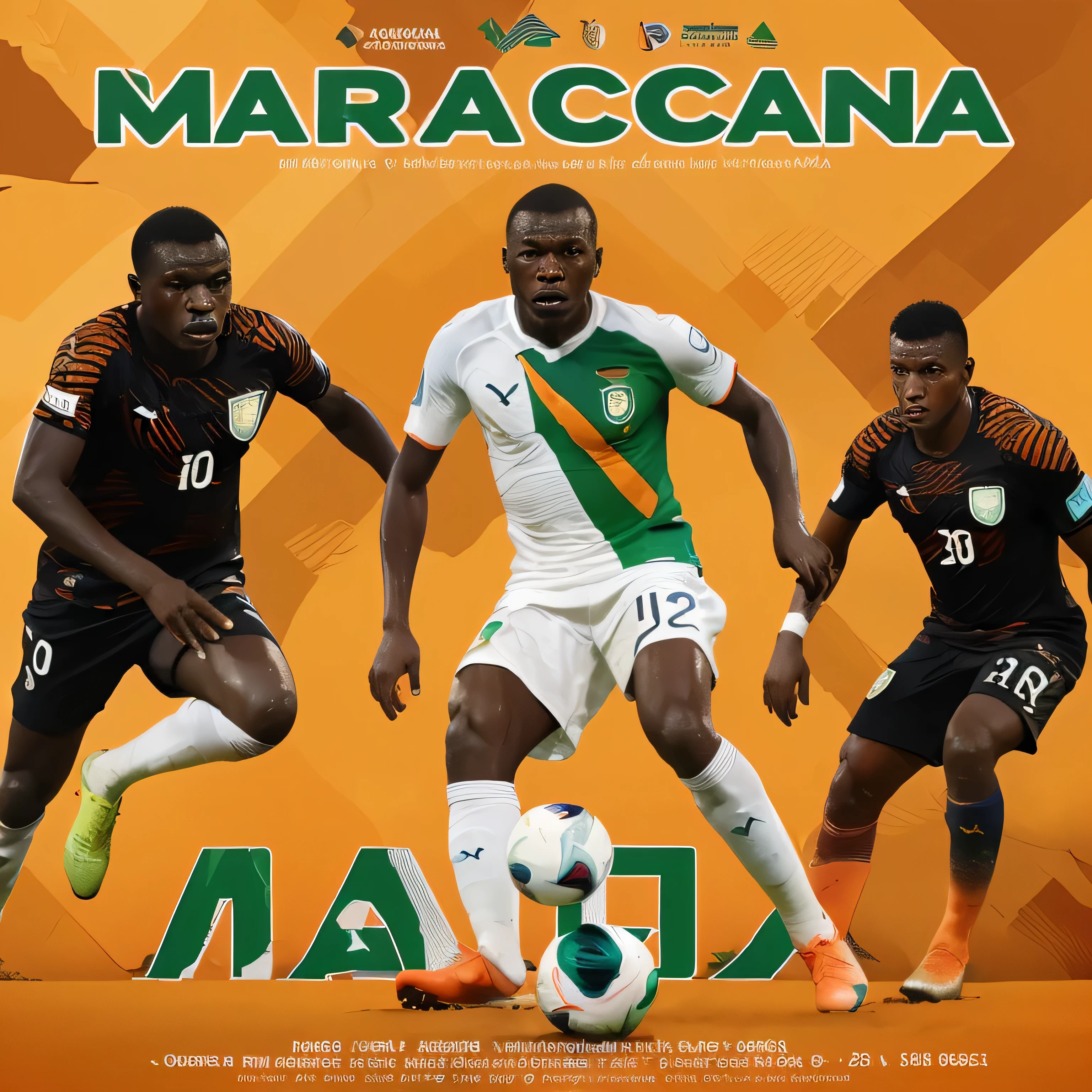 Generates a poster announcing a maracana match on Friday August 23, 2024 at abobo anonkoua 3 with images of Ivorian players