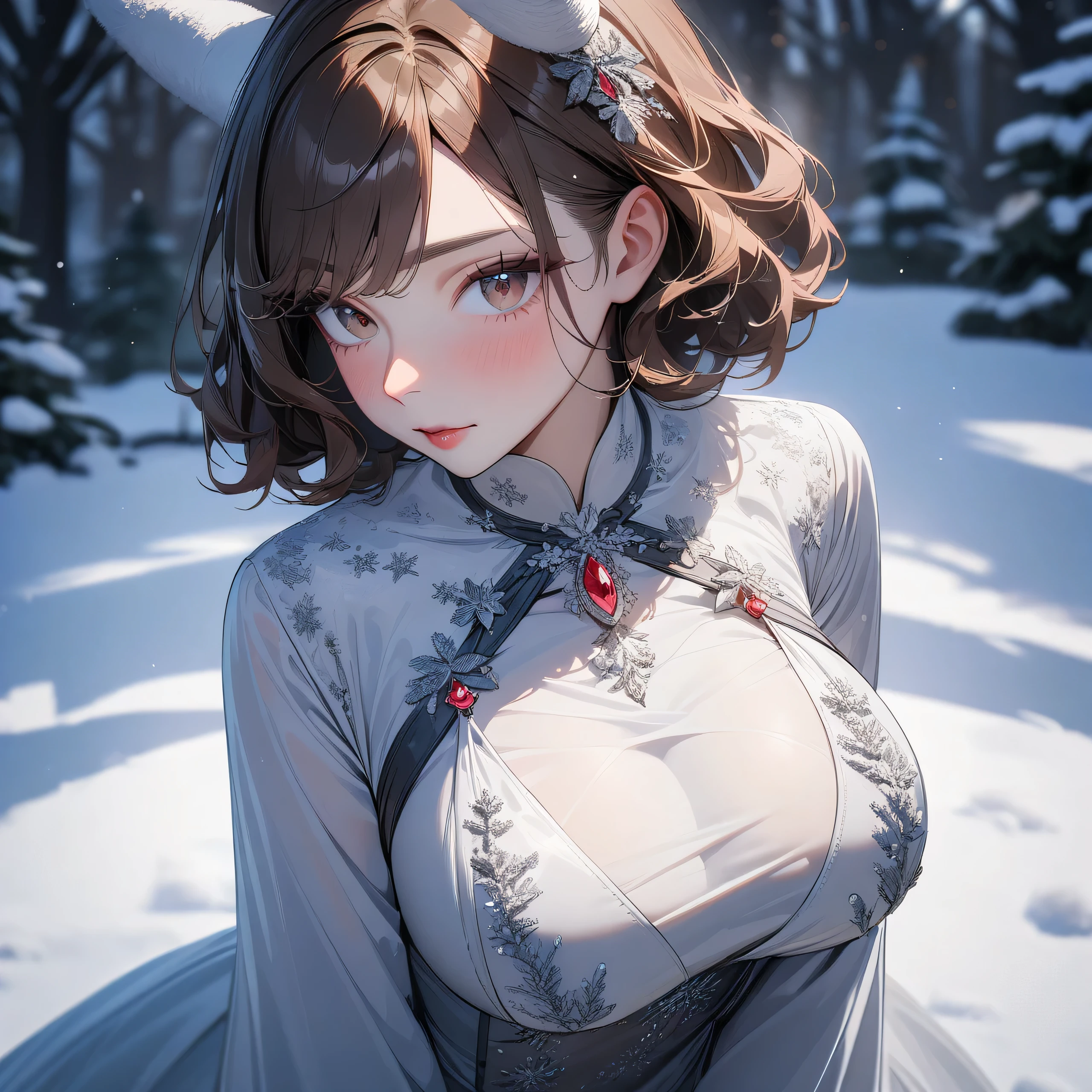 (1Girl, full-body, masterpiece, high quality, highly detailed, 8k,), (Fuller breasts, breasts-type: Full, Larger breasts with a more rounded and filled-out appearance), (wearing Embellished tulle dress with long sleeves), (winter theme, winter background), Eyes: Almond-shaped, dark brown
, Nose: Small and slightly upturned
, Lips: Full, rosy pink
, Hair: Long, curly, dark brown
, Skin Tone: Olive with a warm undertone
, Eyebrows: Thick and arched
, Cheekbones: High and defined
, Chin: Rounded
, Ears: Medium-sized and slightly visible
, Expression: Confident and poised