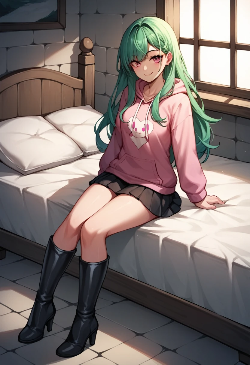 score_9, score_8_up, score_7_up, score_6_up, score_5_up, score_4_up, source_anime, 1woman, sit, bed, green hair, long hair, pink eyes, smile, clean hair, hoodies, skirts, thigh high boots, heels, day, dungeon, best quality, best res, 4K UHD,
 