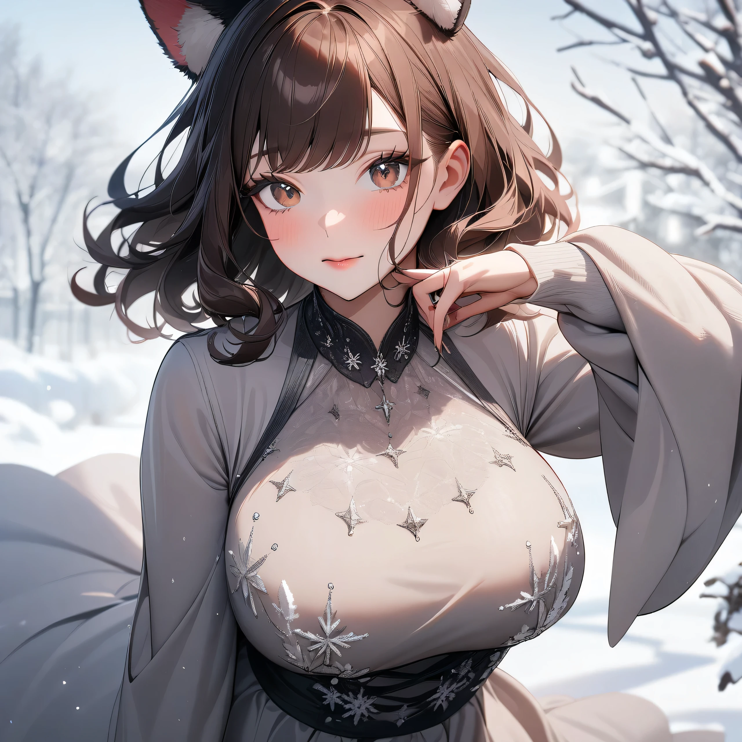 (1Girl, full-body, masterpiece, high quality, highly detailed, 8k,), (Fuller breasts, breasts-type: Full, Larger breasts with a more rounded and filled-out appearance), (wearing Embellished tulle dress with long sleeves), (winter theme, winter background), Eyes: Almond-shaped, dark brown
, Nose: Small and slightly upturned
, Lips: Full, rosy pink
, Hair: Long, curly, dark brown
, Skin Tone: Olive with a warm undertone
, Eyebrows: Thick and arched
, Cheekbones: High and defined
, Chin: Rounded
, Ears: Medium-sized and slightly visible
, Expression: Confident and poised