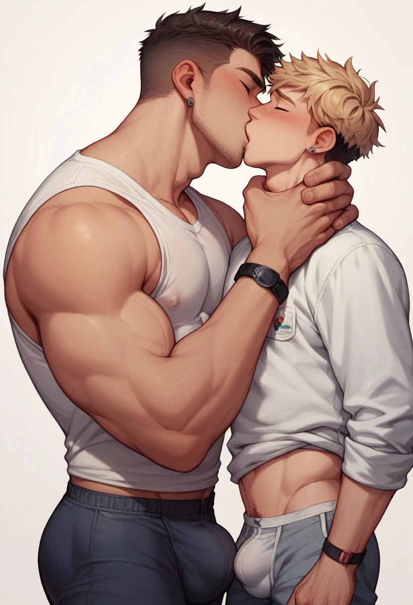 A tall handsome man holding a short cute man, gay, yaoi, Size difference, height difference, romance, kisses, choking, bulge, nipple pop up,,