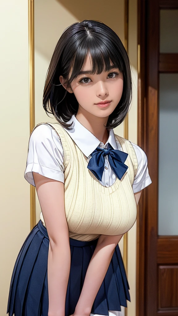 (masterpiece:1.2, Highest quality), (Realistic, photoRealistic:1.4), (Large Breasts:1.5), Beautiful illustrations, (Natural Side Lighting, Cinema Lighting), Written boundary depth, Looking at the audience, (Face Focus, Upper Body), Front view, 1 girl, Japanese, high school girl, 15 years old, Perfect Face, Symmetrical cute face, Glowing Skin, (Bob Hair:1.7,Black Hair), Asymmetrical bangs, Big eyes, Droopy eyes, long eyelashes chest), thin, Beautiful Hair, Beautiful Face, Beautiful and beautiful eyes, Beautiful clavicle, Beautiful body, Beautiful breasts, Beautiful thighs, Beautiful legs, Beautiful fingers, ((Quality fabric texture, brown knit vest, Short sleeve white collar shirt, Navy Pleated Skirt, Navy bow tie)), (Beautiful views), evening, (Inside the flower shop), Are standing, (smile, Superior, Open your mouth), (From below:1.5),(Poor visibility:1.5), (From below)