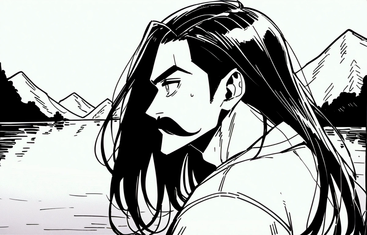 white male, Scrawny, long black hair, big mustache, looking at the horizon in black and white, place it facing further back, looking at mountains, to put as a profile on tiktok with a greater focus on the man, make it look like he's from a manga, with hatching, a man with long hair