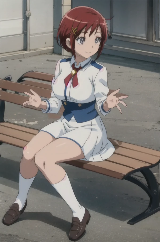 masterpiece, Very detailed,anime, Perfect lighting,One girl, alone, Akane-chan,,Knee-high,loafers, Outdoor,bench,Sitting,wave hands,A light smile,Large Breasts, expensive,