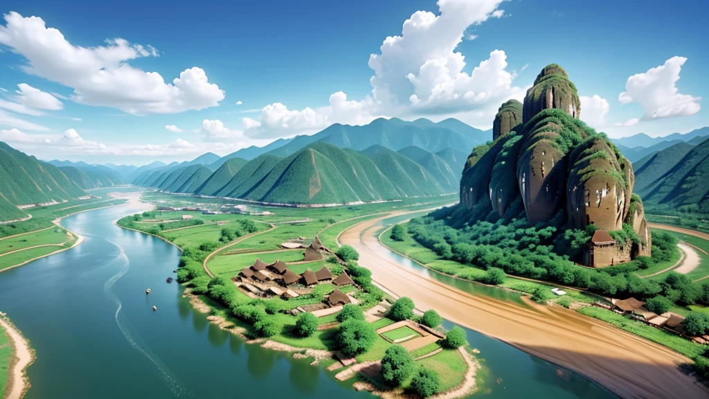 Natural beauty, Laos ancient village. Mountain river. Cloud, Temple. View from the air, mysterious beauty, 8k