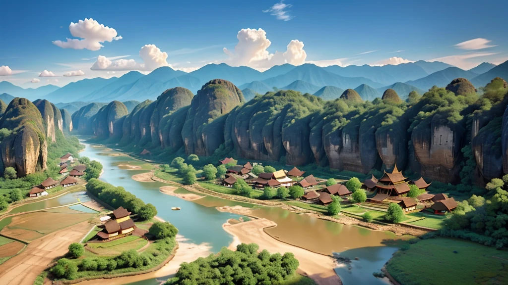 Natural beauty, Laos ancient village. Mountain river. Cloud, Temple. View from the air, mysterious beauty, 8k