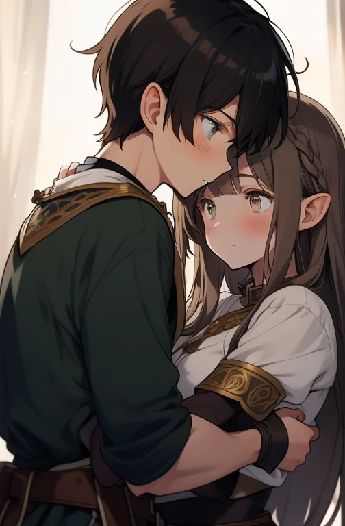 A beautiful 19 year old boy, brown colored hair, brown colored eyes, wearing a white medieval elven shirt, hugging a beautiful girl, 18-years old, long hair, greeneyes, brownhair, Longhaire, a gray stripe on a margin, elf ear, black gloves, Elven Clothing,