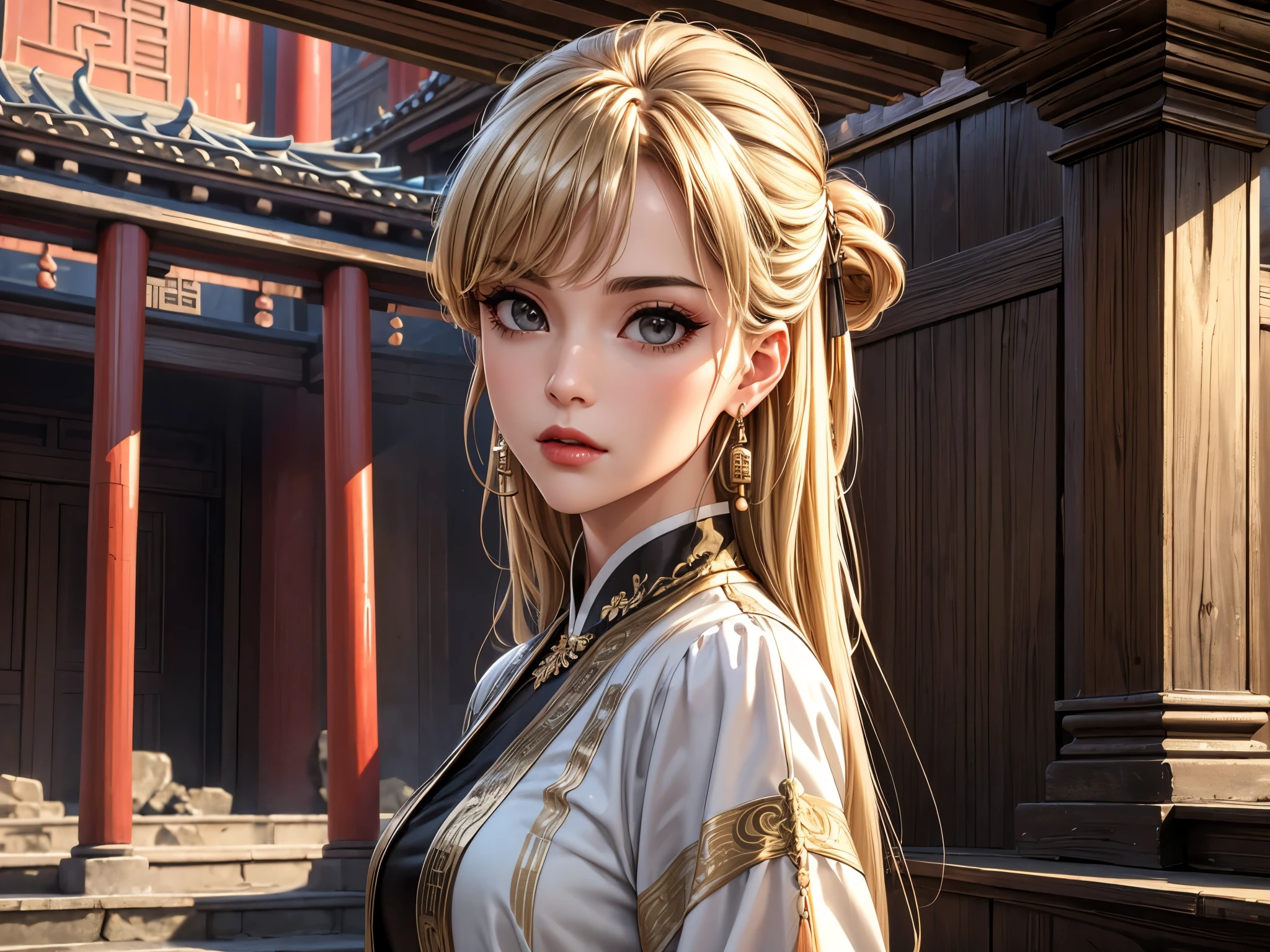 (best quality, 8K, masterpiece:1.3), pretty Woman, 1 girl, beautiful face, (seductive face), Black streaked honey blonde hair, blunt bangs single sidelock, absurdly long curtained straight hair, white casual dress, Ultra-detailed face, Detailed lips, super detailed eyes, double eyelids, long upper eyelashes, Soft skin, HD skin, China, Ancient Chinese temple ruins, Ancient miracles, broken building, [jungle], [Mountain], 8k, Super detailed, best quality detail, retina, Ultra-high resolution, masterpiece, ccurate