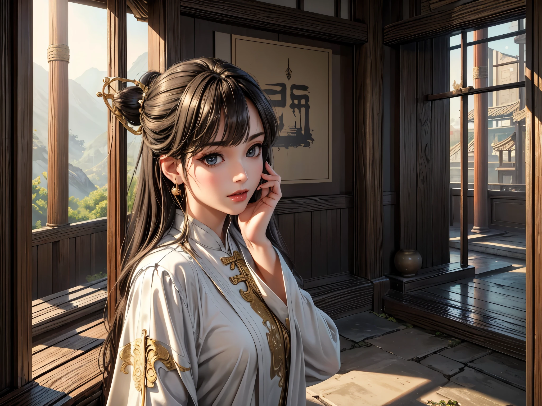 (best quality, 8K, masterpiece:1.3), pretty Woman, 1 girl, beautiful face, (seductive face), Black streaked honey blonde hair, blunt bangs single sidelock, absurdly long curtained straight hair, white casual dress, Ultra-detailed face, Detailed lips, super detailed eyes, double eyelids, long upper eyelashes, Soft skin, HD skin, China, Ancient Chinese temple ruins, Ancient miracles, broken building, [jungle], [Mountain], 8k, Super detailed, best quality detail, retina, Ultra-high resolution, masterpiece, ccurate