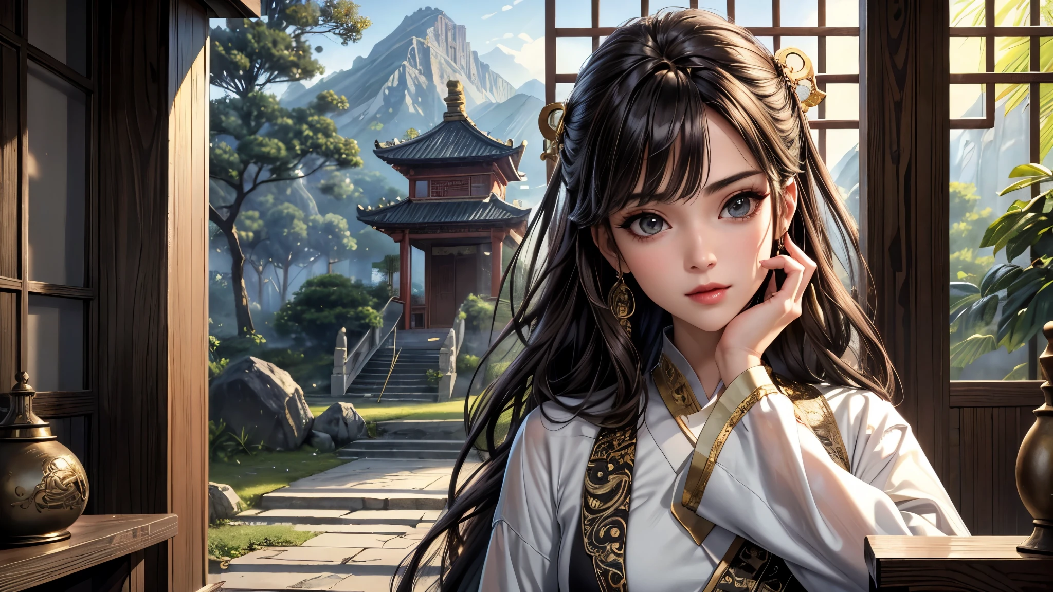 (best quality, 8K, masterpiece:1.3), pretty Woman, 1 girl, beautiful face, (seductive face), Black streaked honey blonde hair, blunt bangs single sidelock, absurdly long curtained straight hair, white casual dress, Ultra-detailed face, Detailed lips, super detailed eyes, double eyelids, long upper eyelashes, Soft skin, HD skin, China, Ancient Chinese temple ruins, Ancient miracles, broken building, [jungle], [Mountain], 8k, Super detailed, best quality detail, retina, Ultra-high resolution, masterpiece, ccurate