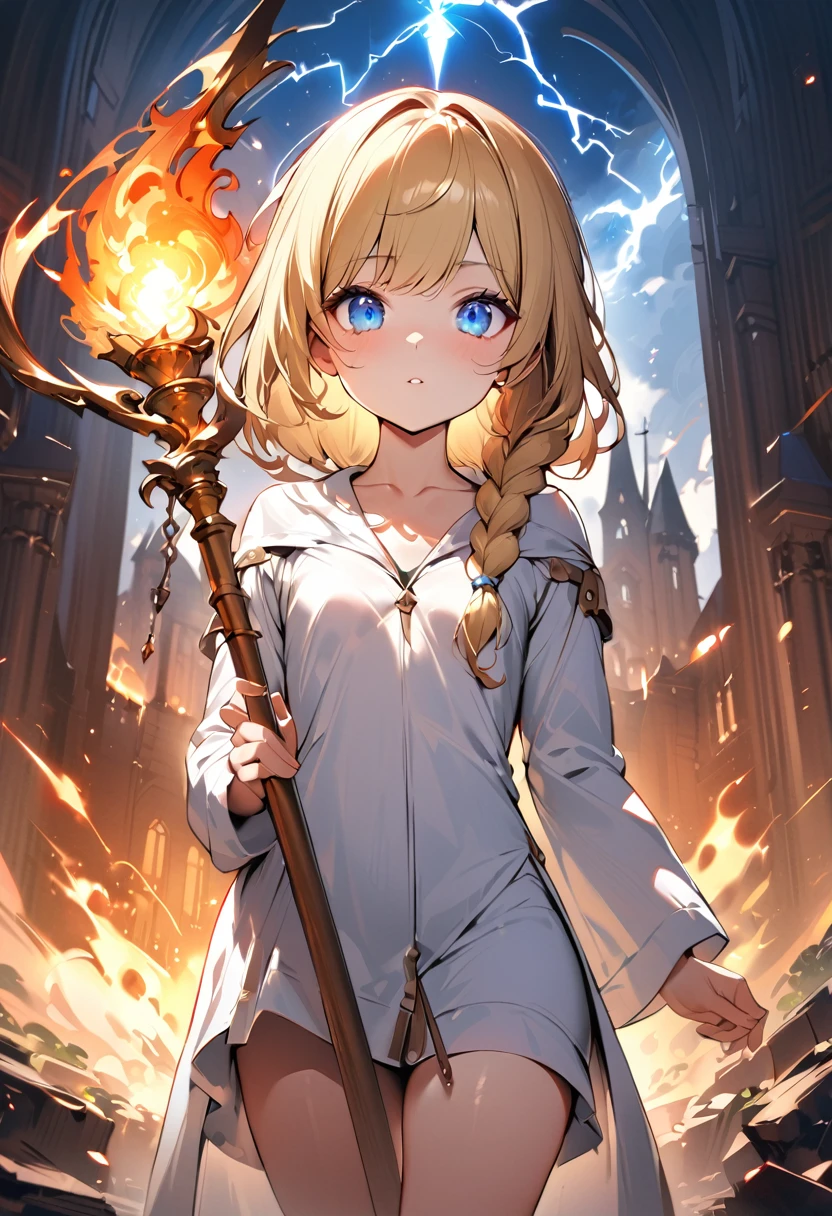 1 girl, trap, Blonde Hair, One-side long braid, blue eyes, flat chest, A short person, White robe, Bare legs, Thunder and Lightning，magic，flame，Big fireball holding the golden staff, Church Background, Textured Skin, Ultra HD, Ultra HD, Ultra HD, Ultra HD, The award-winning, High Detail, Incredible high-key lighting and shadows, masterpiece, Incredible illustrations
