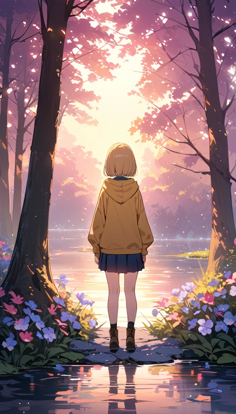 (1 girl),(Best Picture Quality, 8K, Masterpiece:1.3), (Middle school students:1.5), ((yellow beige lob hair:1.1)), (bob cut),(blunt bangs:1.3), (cute eyes, pupil black, iris orange, youthful face),(standard weight), (small breasts), (glistening skin:1.2),(pale skin:1.2),(yellow simple hoodie), ((chibi style)),BREAK standing by a misty lake, surrounded by a mystical forest, BREAK morning light, soft and ethereal, illuminating the scene, BREAK springtime, fresh greenery and blooming flowers, BREAK soft pastel colors, BREAK long shot, showing the girl and the entire scene, BREAK looking at the lake, BREAK tranquil and serene atmosphere