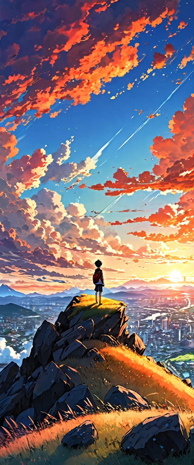 anime landscape of a boy on a hill of rocks with grasses, sunset with orange and red infernal clouds, anime nature wallpapers, beautiful anime scene, beautiful anime peace scene, Makoto Shinkai Cyril Rolando, beautiful scene of anime, amazing wallpaper, anime art wallpaper 8k, anime background, artistic anime background, 4k anime wallpaper, anime art wallpaper 4k, anime art wallpaper 4k,