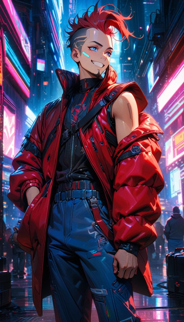 Adult guy, man, red mohawk, blue eyes, small beard, smile, red leather fur coat, sleeveless, blue pants, cyberpunk, Masterpiece, best quality, Full HD, 8k, ultra details, great graphic