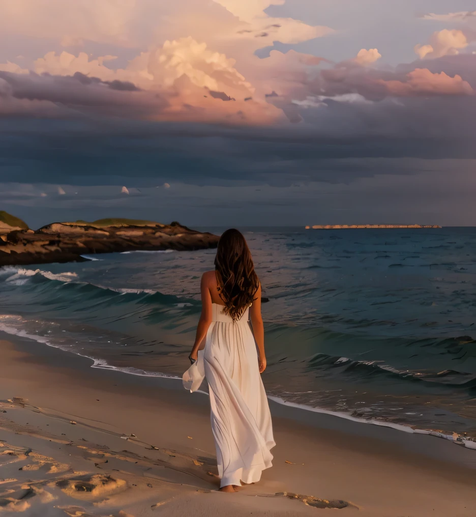 a girl walking on a calm ocean beach, long white beach dress, ocean waves crashing on shore, serene landscape, (best quality,4k,8k,highres,masterpiece:1.2),ultra-detailed,(realistic,photorealistic,photo-realistic:1.37),beautiful detailed eyes,beautiful detailed lips,extremely detailed eyes and face,longeyelashes,golden hour lighting,warm colors,peaceful,tranquil,calm ocean,sandy beach,soft waves,summer,outdoor scene,horizon
