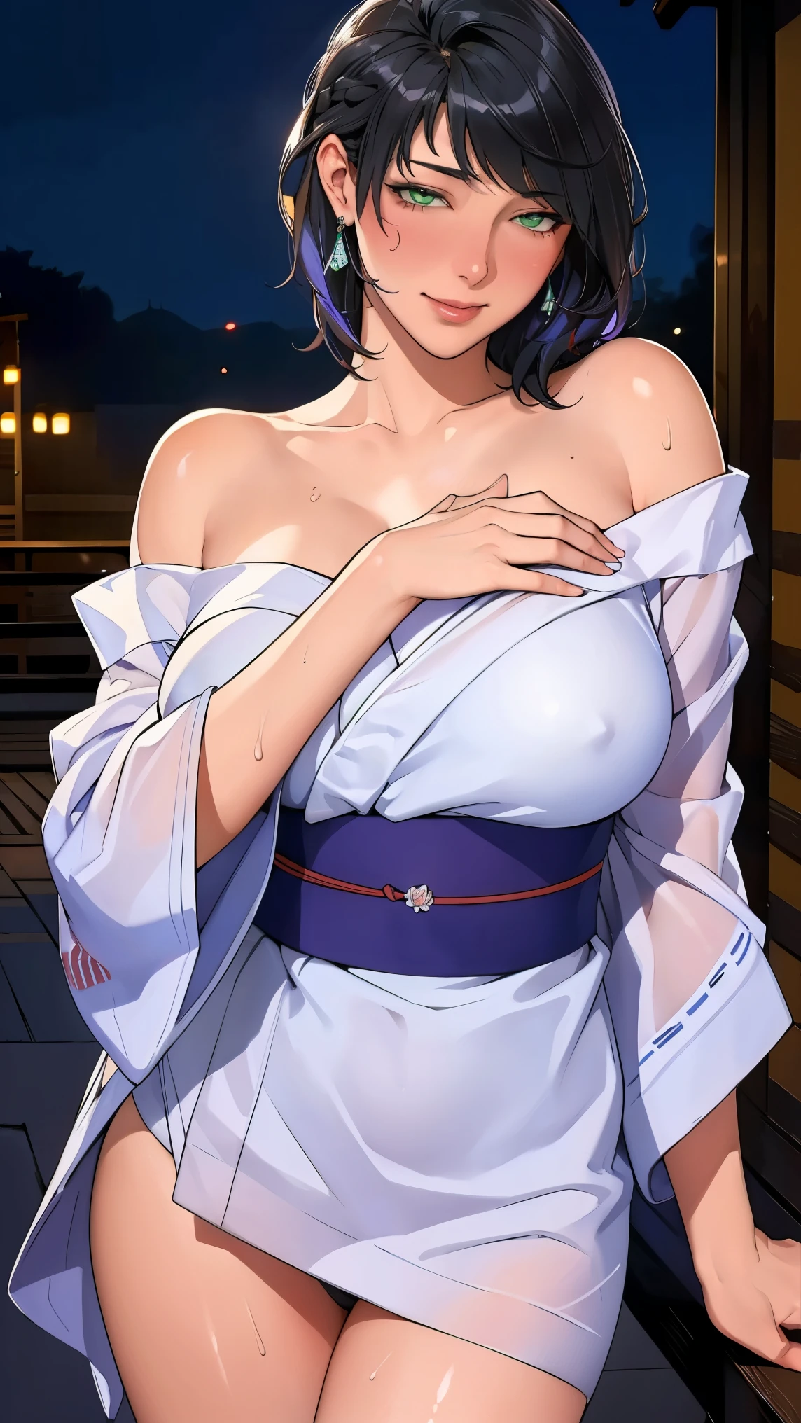 ((((masterpiece, best quality, high resolution)))), Extremely detailed 8K, Beautiful girl with voluptuous body, (Ultra HD, Ultra-detailed, Highly detailed, Highly realistic, Ultra-realistic, photograph realistic), (1girl:1.5), (Realistic black hair), (short wavy hair, hair ornaments, earrings), (dynamic poses), facing at camera, looking at viewer, (blushing red, embarrassed, smile), (green eyes, sharp eyes), (big perky breasts:1.2), (beautiful detailed face, beautiful detailed eyes), ((off shoulder yukata)), (detail pussy), (standing up), sweat, glow, (nightlight), ((cowboy shot)), firework festival, seductive