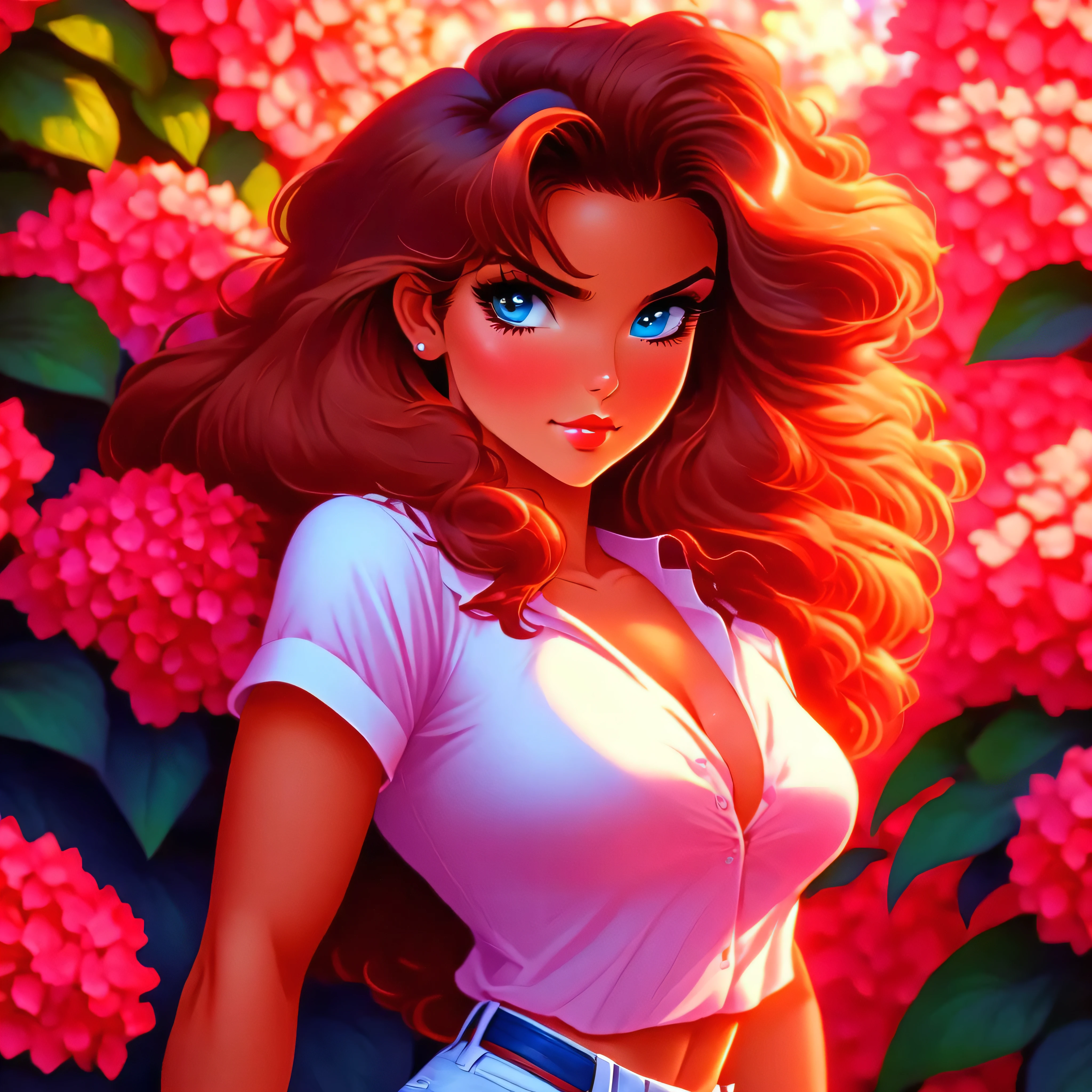 4K, June Scenario, Beautiful latina woman, long hair, chestnut hair, medium breasts, blue colored eyes, white shirt, hot pants, red necklace, gazing at viewer, natta, colorful hydrangea