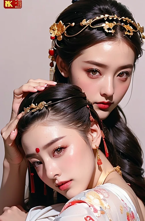 A couple of women sitting together,Hug each other,kiss,Lustfully:1.4,Taoism,Monogram,(The Chinese hairpin on her head:1.5),Use a rosewood hairpin,(Transparent clothes),Lustfully:1.4,Revealing translucent lace,(ulzzang-6500-v1.3,Pure face_v1,Octane Rendering),Elegant Posture,xxmix girl woman,Perfect composition golden ratio, masterpiece, best quality, 4K, Clear focus. Better Hands, Perfect anatomical structure.