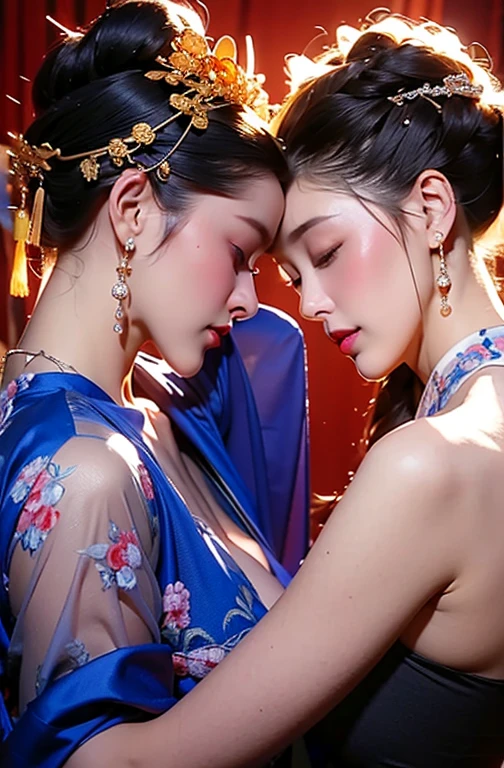 A couple of women sitting together,Hug each other，kiss，Lustfully:1.4,Taoism,Monogram,(The Chinese hairpin on her head:1.5),Use a rosewood hairpin,(Transparent clothes),Lustfully:1.4,Revealing translucent lace,(ulzzang-6500-v1.3,Pure face_v1,Octane Rendering),Elegant Posture,xxmix girl woman,Perfect composition golden ratio, masterpiece, best quality, 4K, Clear focus. Better Hands, Perfect anatomical structure.