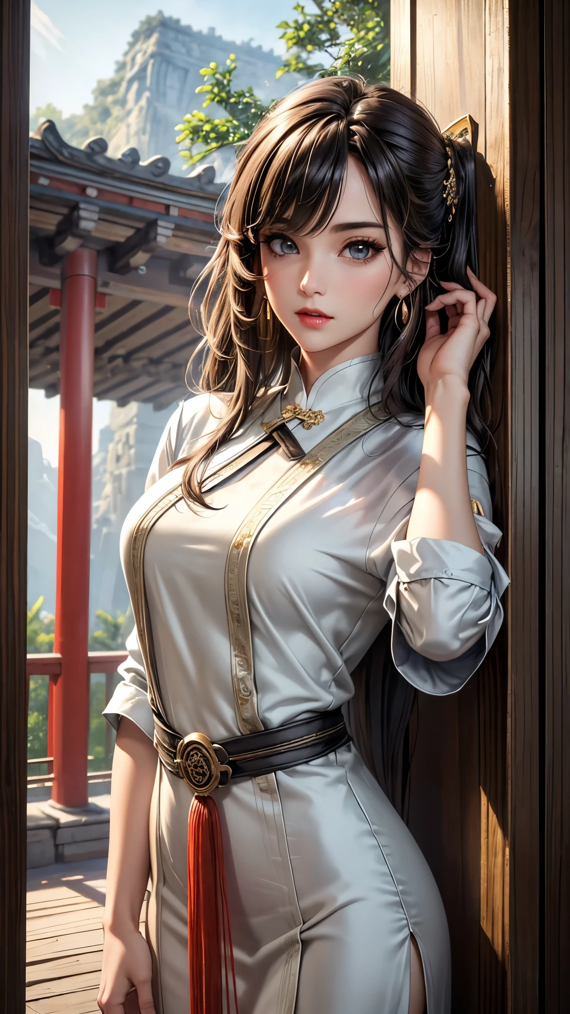 (best quality, 8K, masterpiece:1.3), pretty Woman, 1 girl, beautiful face, (seductive face), Black streaked honey blonde hair, blunt bangs single sidelock, absurdly long curtained straight hair, white casual dress, Ultra-detailed face, Detailed lips, super detailed eyes, double eyelids, long upper eyelashes, Soft skin, HD skin, China, Ancient Chinese temple ruins, Ancient miracles, broken building, [jungle], [Mountain], 8k, Super detailed, best quality detail, retina, Ultra-high resolution, masterpiece, ccurate